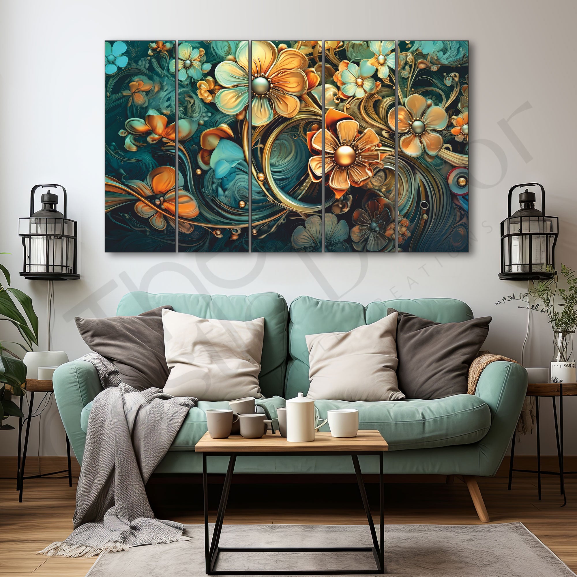 Multicolour Flower Painting Set of 5 for Home Decoration 27x48"