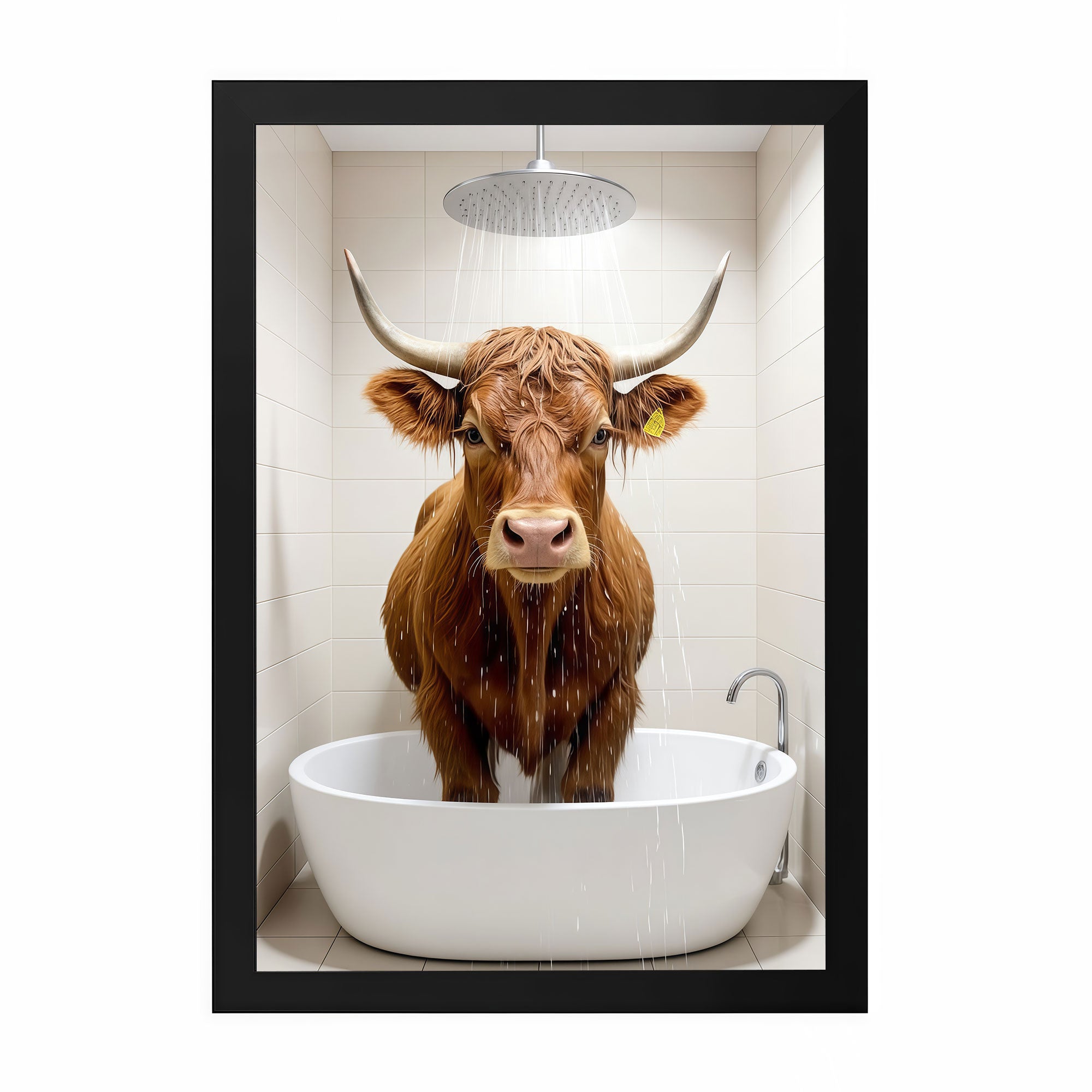 The Castle Decor Funny Highland Cow taking a Shower Framed Wall Art – Cute Fluffy Bull in Bathtub under Shower Head Framed Poster, Rustic Farmhouse Bathroom Decor