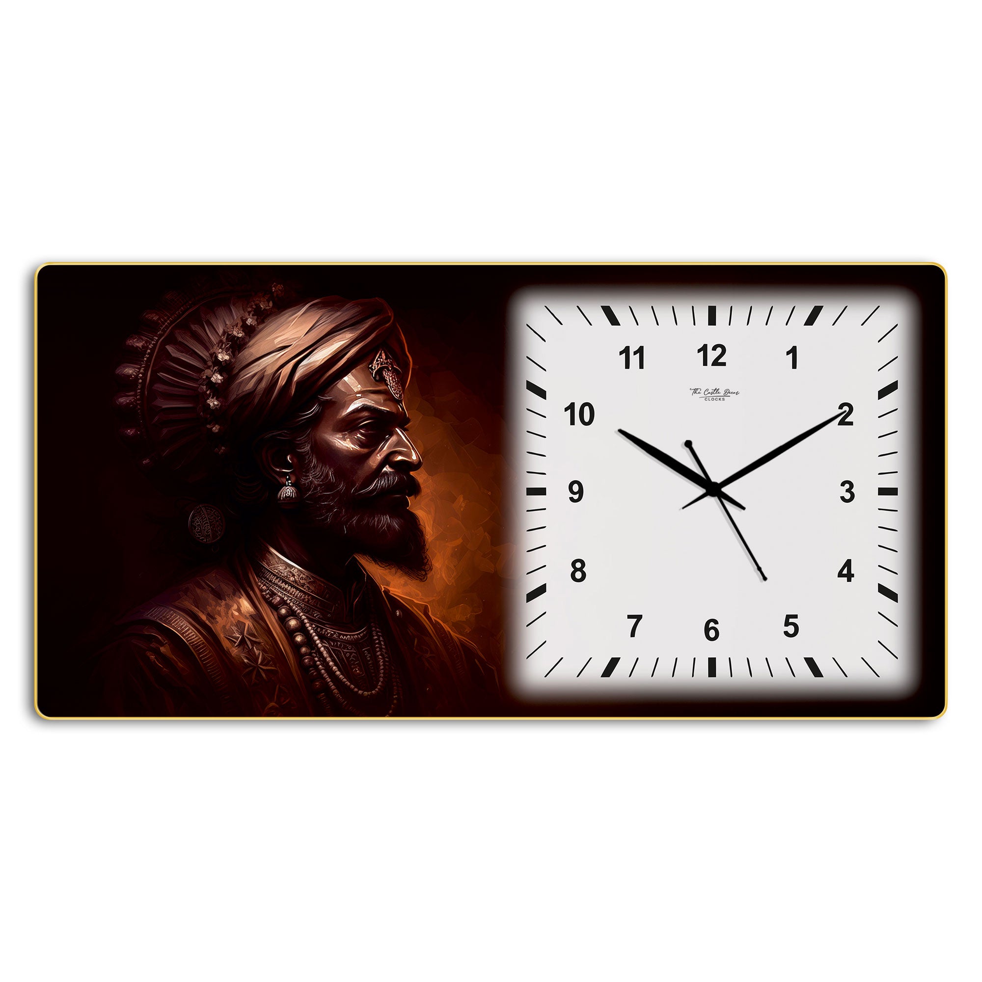 The Castle Decor Chhatrapati Shivaji Maharaj Decorative Wall Clock 24x12 Inch, Silent Sweep Non-Ticking Modern Wall Clock with Golden Slim Frame