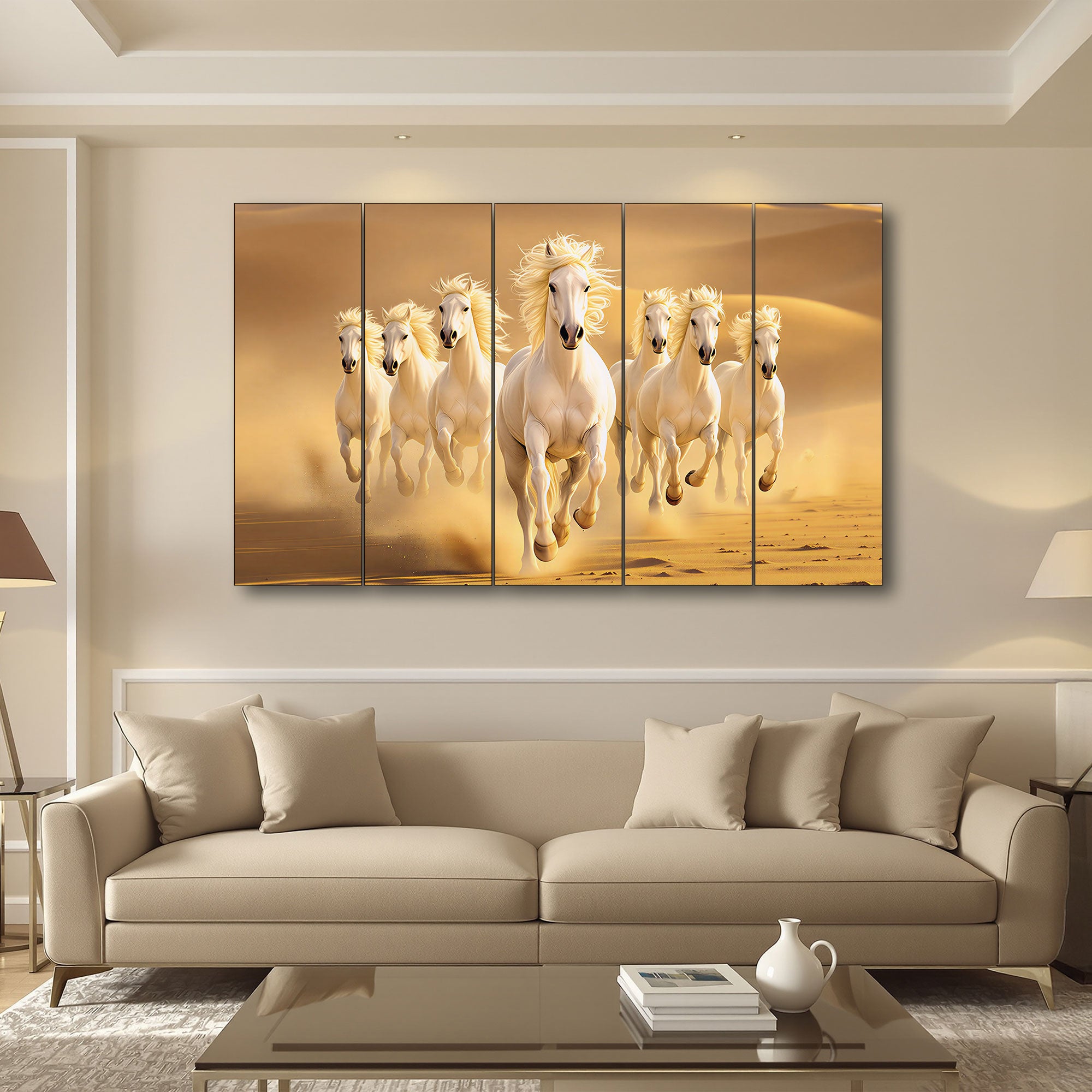 The Castle Decor Running White Horses in Golden Desert Wall Art, 5 Panel Vastu Painting for Home & Office Decor-2 36X60