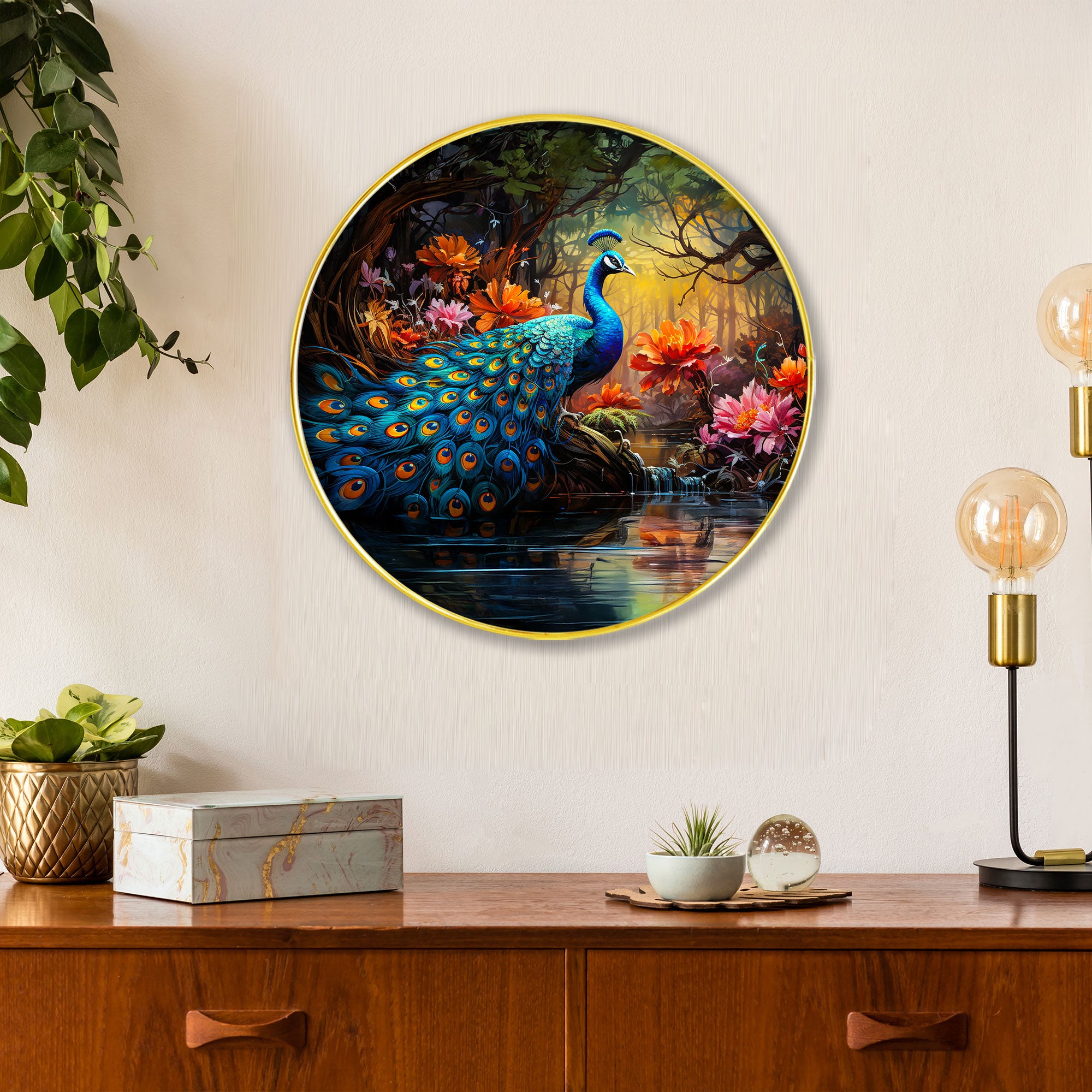 The Castle Decor Vastu Peacock Wall Art Painting | Round Frame Hanging for Home Decoration, Living Room, Office, Hotel & Gift Option