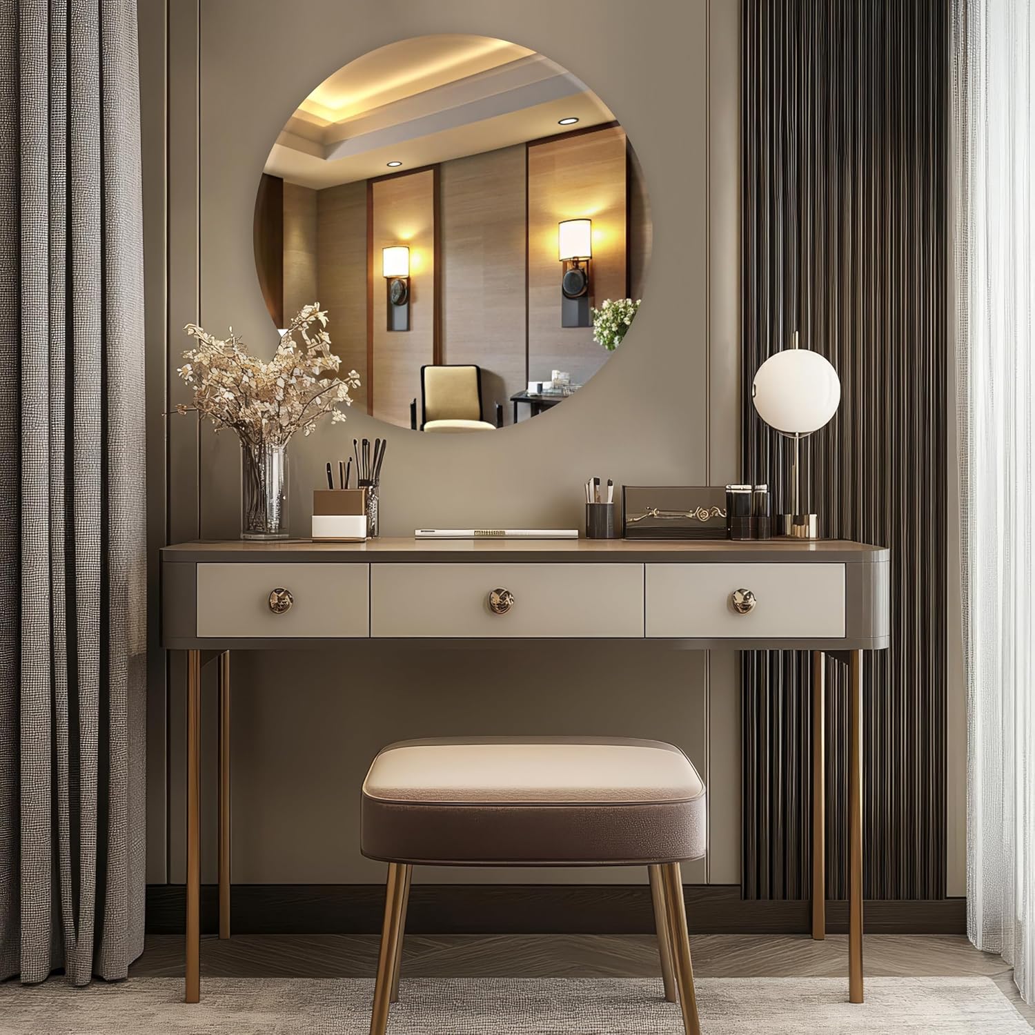 The Castle Decor Round Glass Mirror for Bathroom Wall, Frameless 5mm Silver Glass Mirror with Beveled Edges, 24x24 Inch