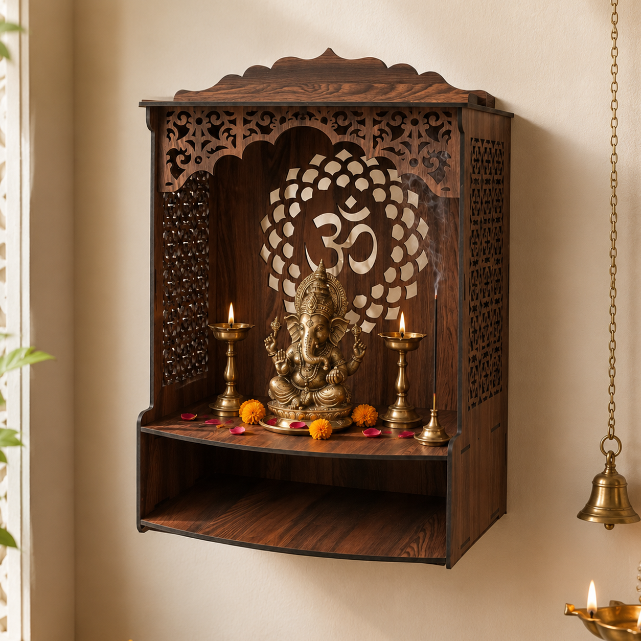 The Castle Decor Wooden Mandir for Home, Wall Hanging & Tabletop Pooja Temple with Om Cutwork Back Panel, Open Storage Shelf, Mandir for Pooja Room, Office, Hostel & Apartment, 16.5 x 24.5 x 10.5 Inch