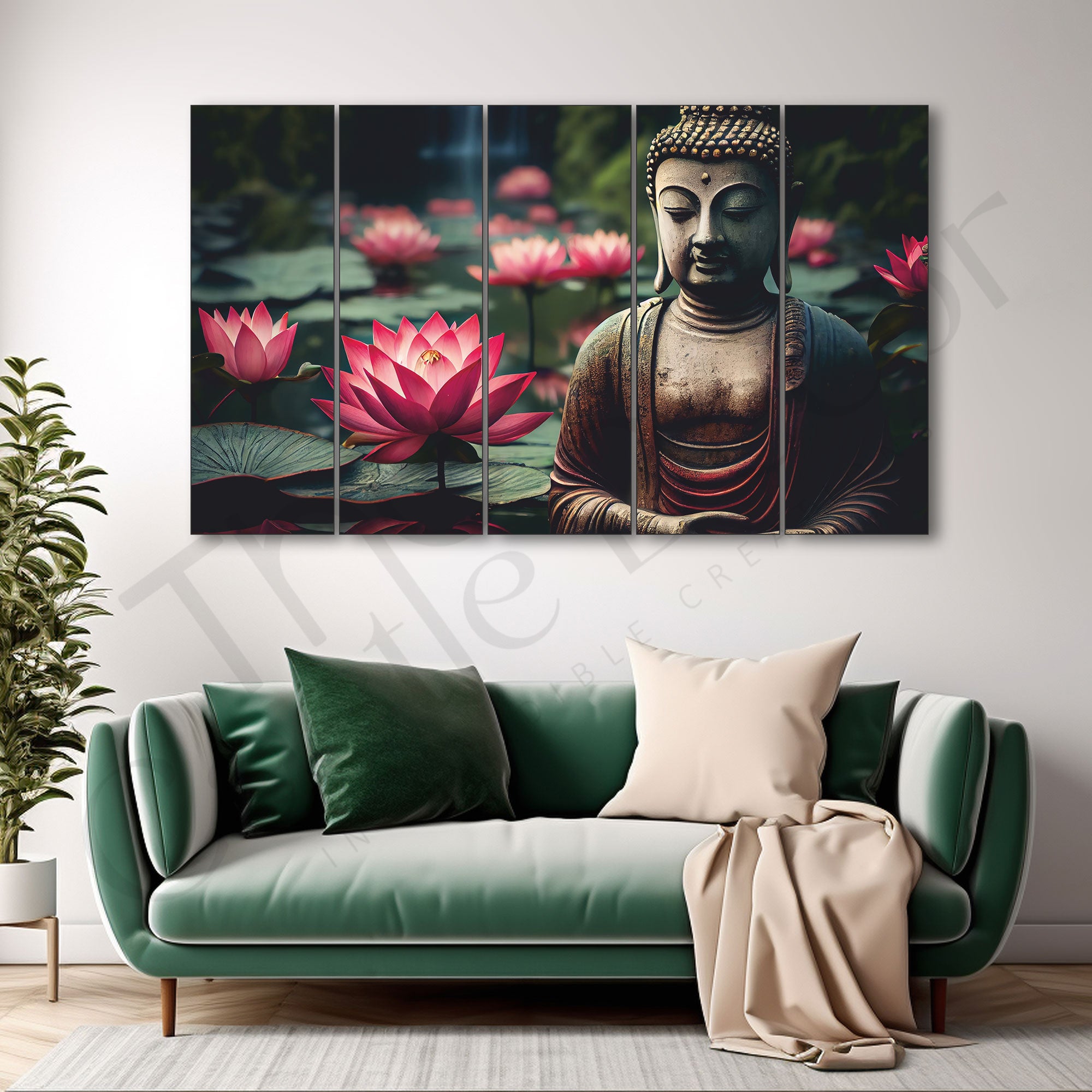 Lord Buddha with Lotus Set of 5 Big Size Multiple Frames Wall Art Painting for living room,Bedroom,Drawing room,Hotels-Wooden Framed-Digital Painting