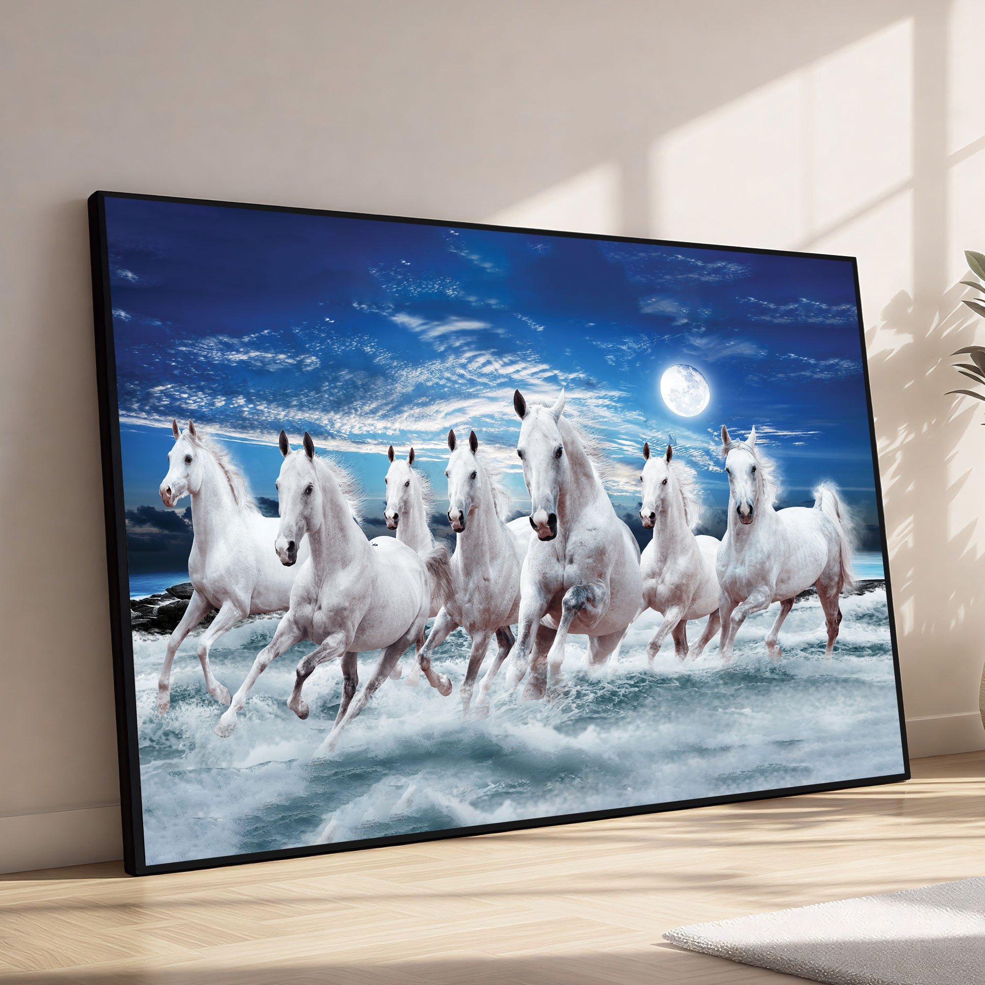 The Castle Decor 7 Running White Horses Wall Painting, Sunrise Sunset Theme, Vastu Wall Art for Living Room, Office, Bedroom Decor 20X30  inch -1006