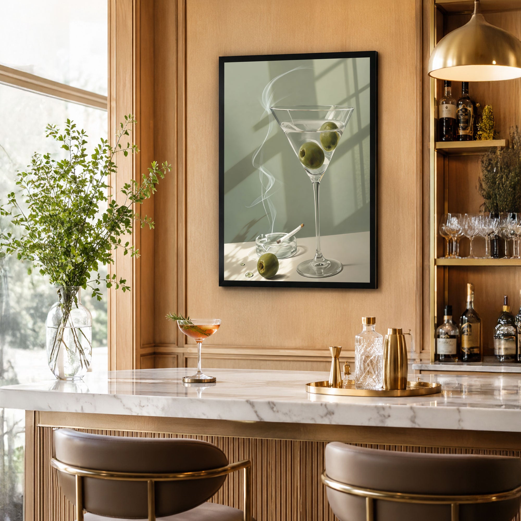 The Castle Decor Elegant Martini Glass with Olive Wall Painting | Modern Cocktail Bar Decor for Lounge, Cafe, Dining Room & Home Bar