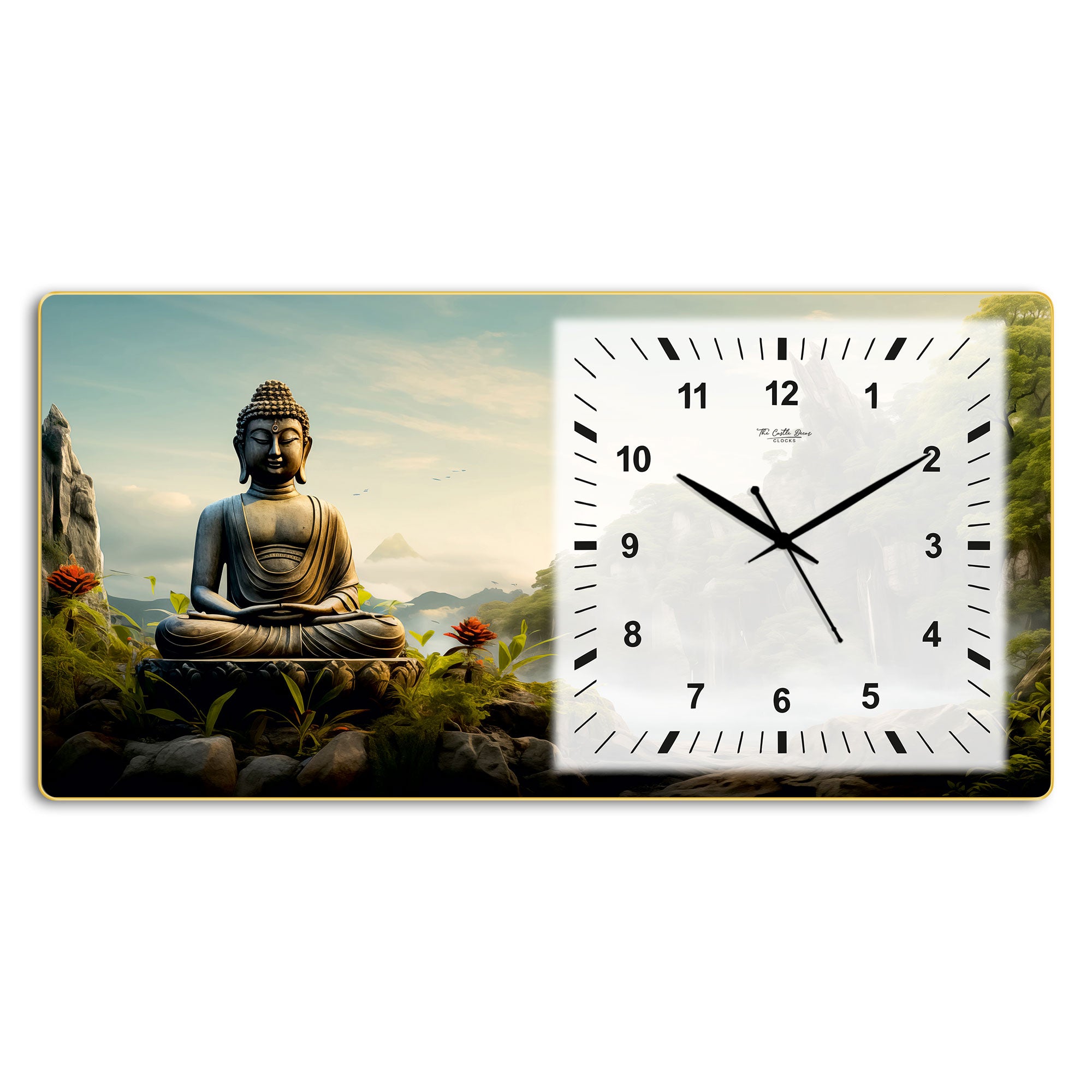 The Castle Decor Buddha Meditation Decorative Wall Clock 24x12 Inch, Silent Sweep Non-Ticking Modern Wall Clock with Golden Slim Frame