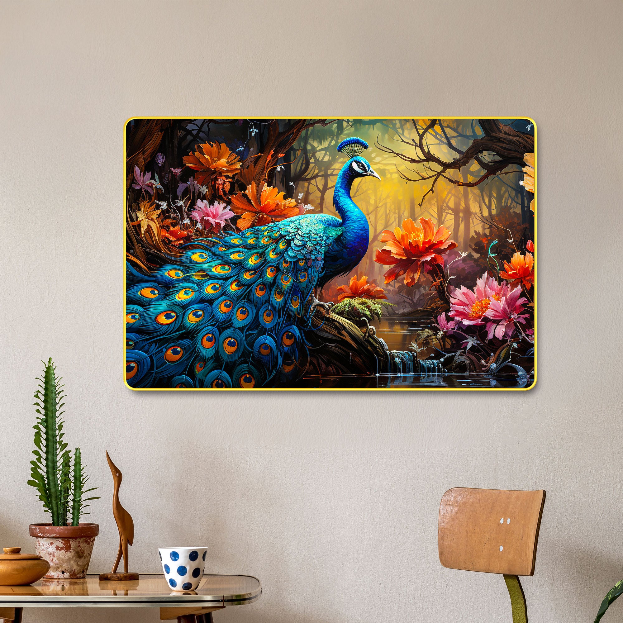 The Castle Decor Vastu Peacock Wall Painting with Wooden Frame | Colorful Nature Art for Positive Energy | Living Room, Bedroom, Hotel & Home Décor | Spiritual Gift Option