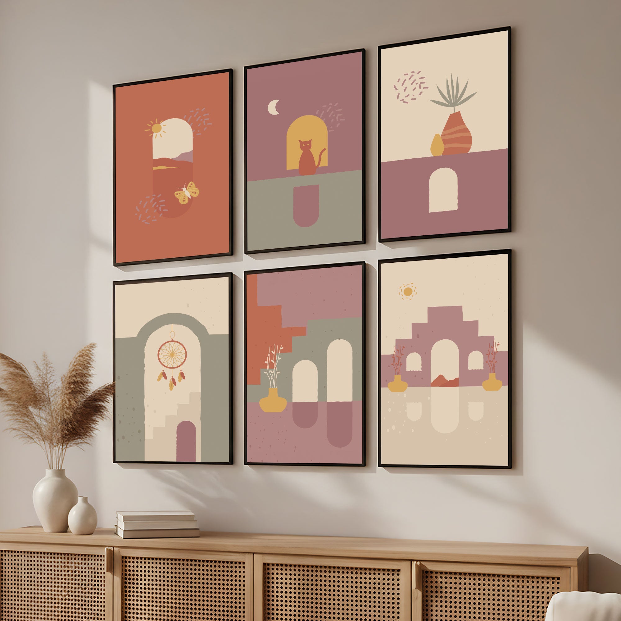 The Castle Decor Boho Wall Art for Living Room Big Size | Framed Abstract Botanical Paintings for Living Room & Bedroom | Modern Home Decoration & Perfect Gifting Option | Set of 6 (11×17 Inch Each)2