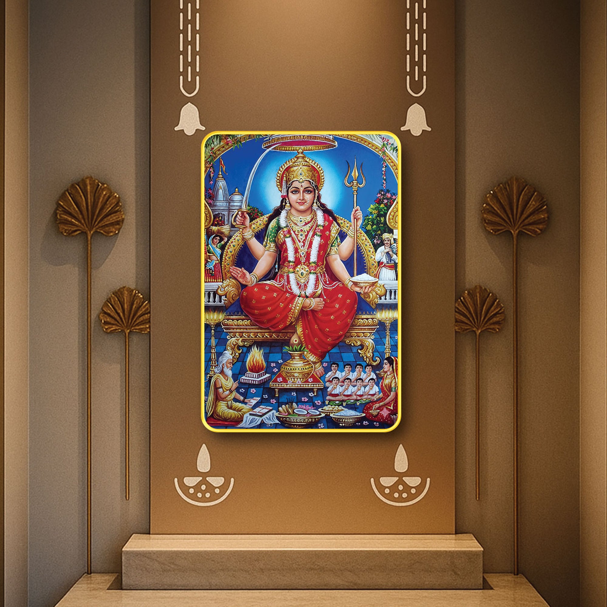 The Castle Decor Maa Santoshi Wall Frame | Sparkle Laminated on Digital Print with Golden Slim Frame | Sacred Wall Art for Pooja Room, Temple & Home Décor 20X30