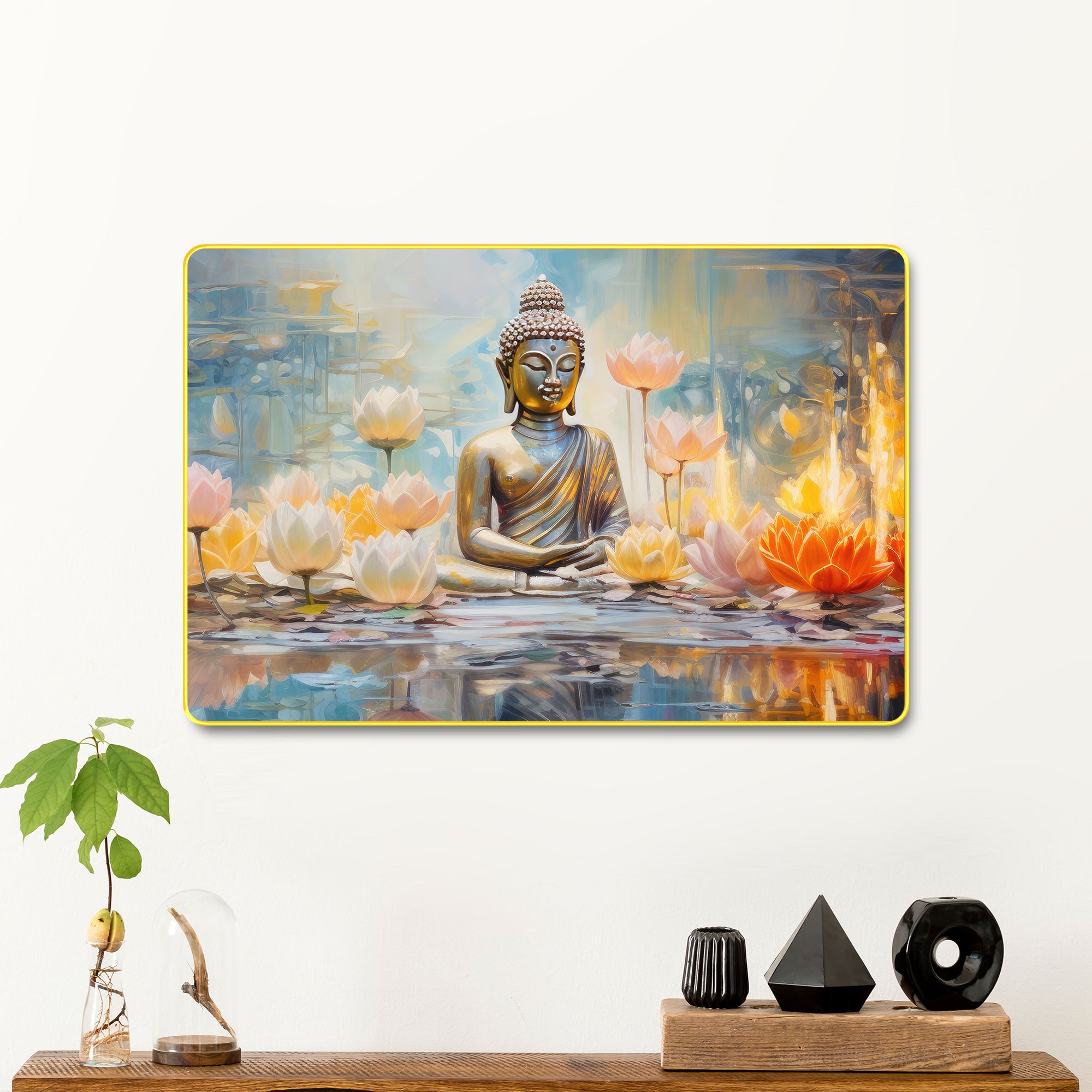 The Castle Decor Lord Buddha Wall Art Painting with Wooden Frame | Vastu Spiritual Meditation Décor for Living Room, Bedroom, Office & Hotel | Gift Option