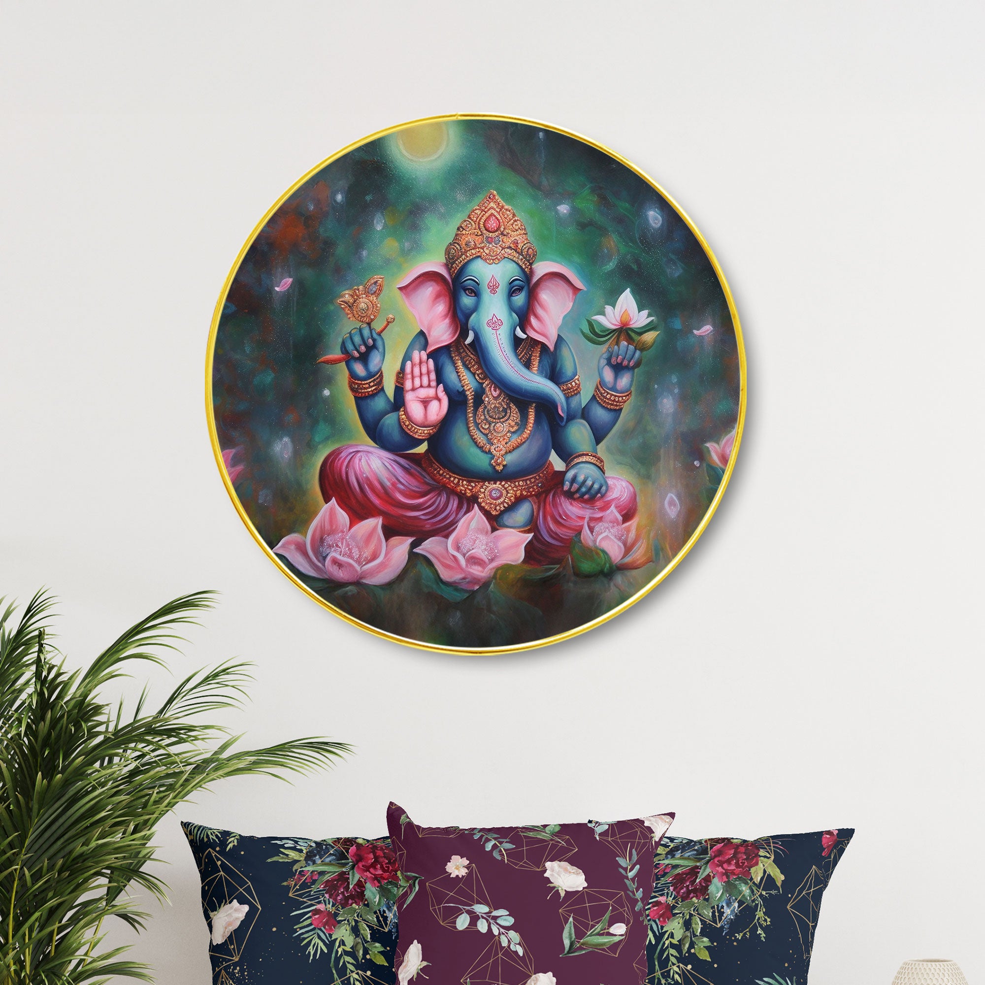 The Castle Decor Ganesha Round Wall Art Inch | Golden Slim Frame Decorative Painting for Home, Living Room, Bedroom, Office, Hotel & Gift Option