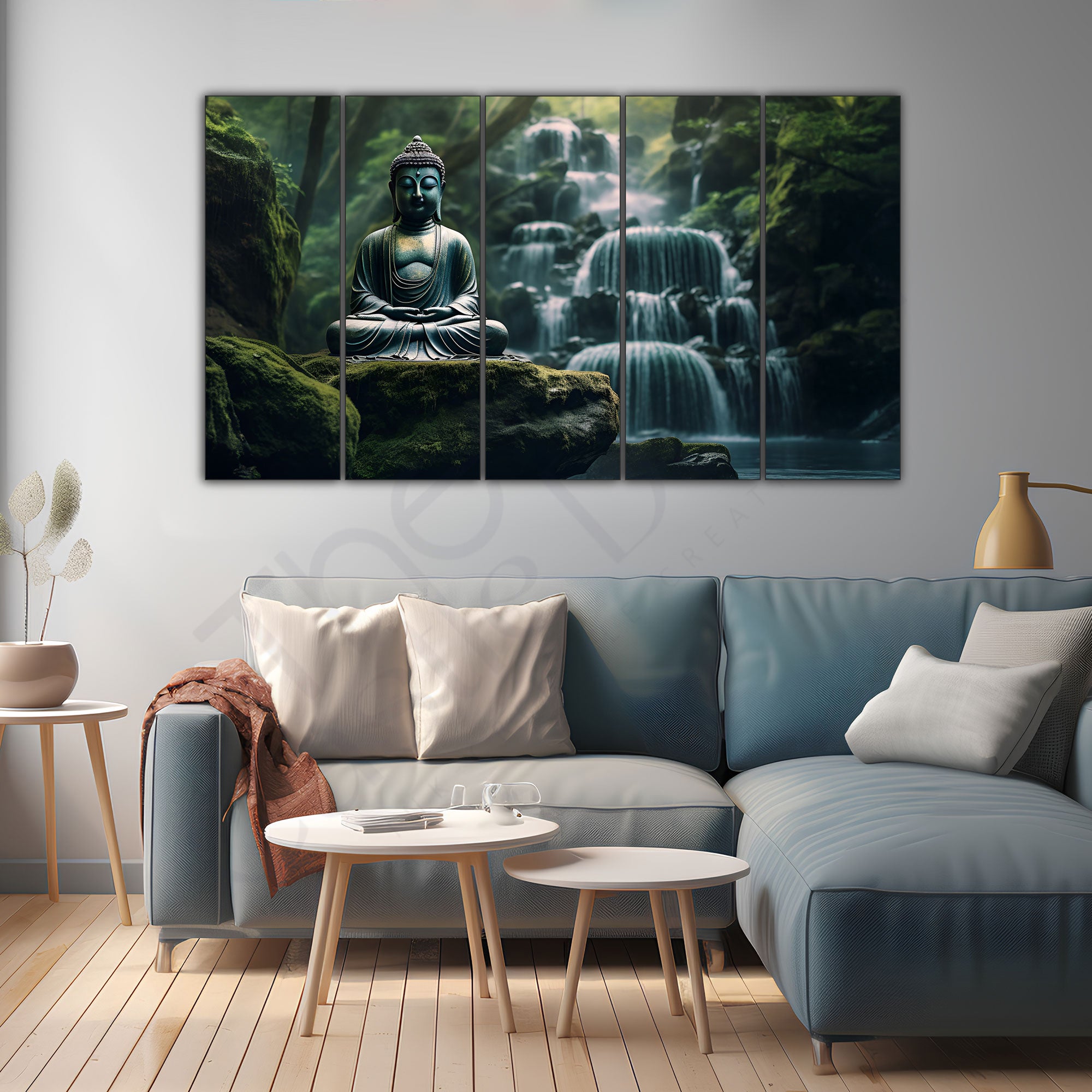 Lord Budha Meditating Waterfall Jungle Set of 5 Big Size Multiple Frames Wall Art Painting for living room,Bedroom,Drawing room,Hotels-Wooden Framed-Digital Painting 36x60"