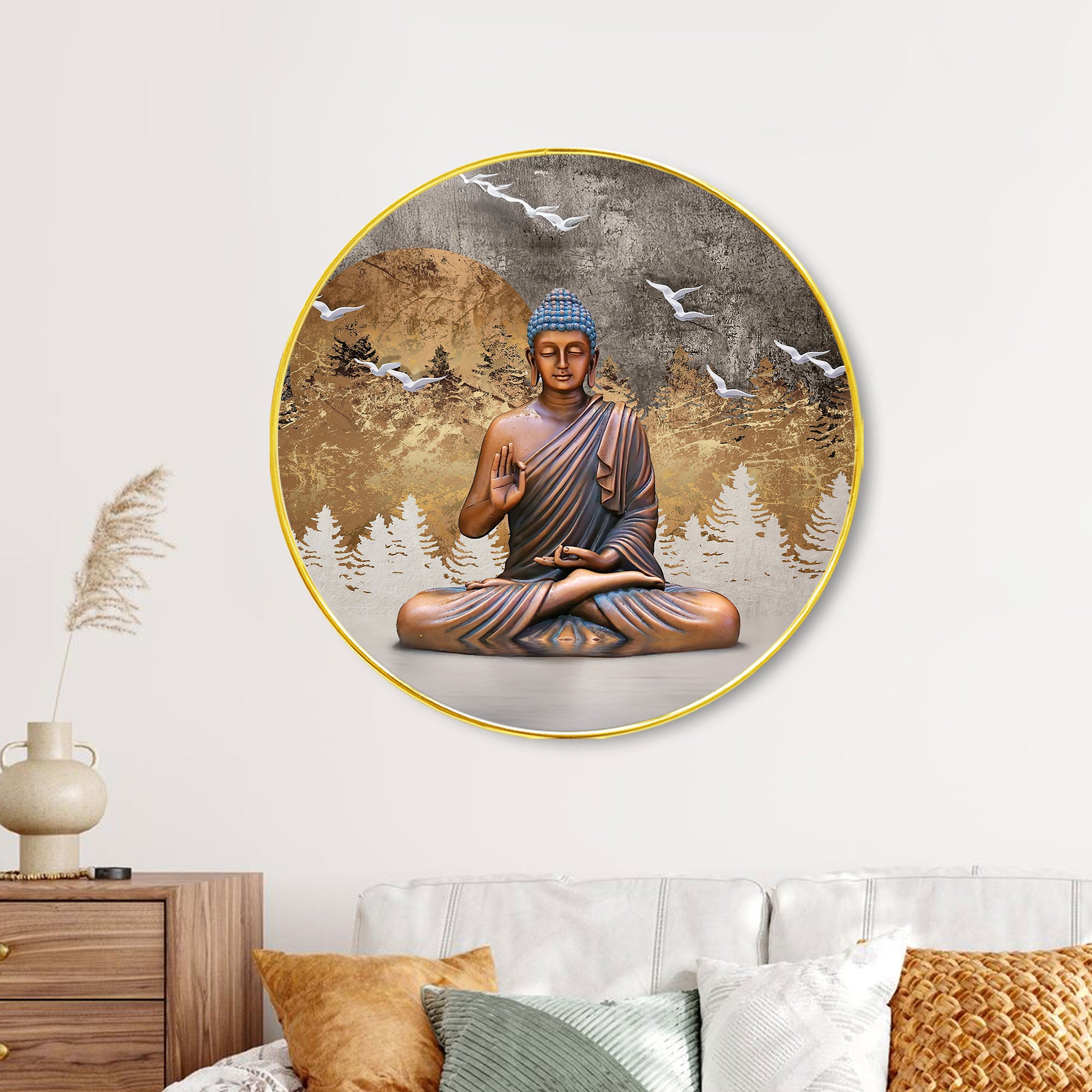 The Castle Decor Buddha Round Wall Art | Slim Golden Frame Peaceful Meditation Painting for Home, Living Room, Bedroom, Office & Gift Décor