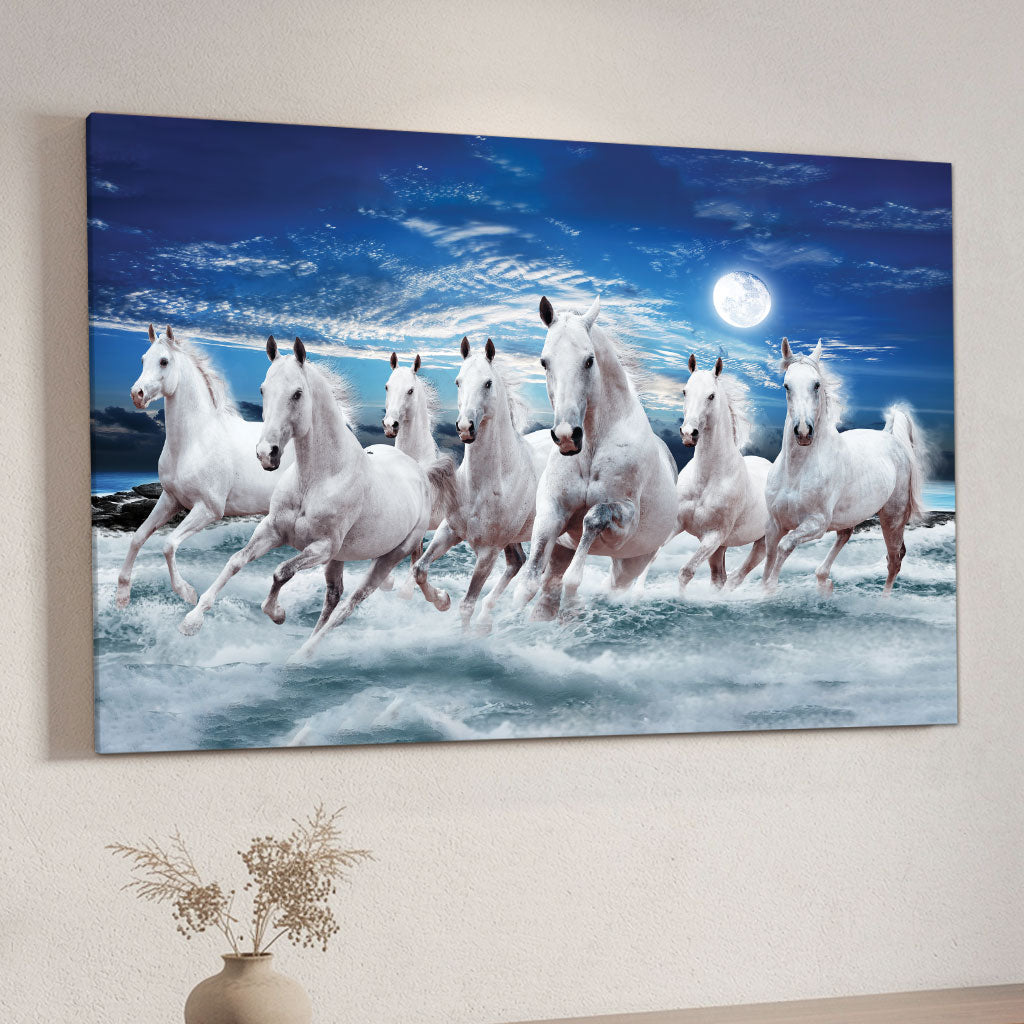 The Castle Decor 7 Running White Horses Wall Painting, Sunrise Sunset Theme, Vastu Wall Art for Living Room, Office, Bedroom Decor 16x24 1006