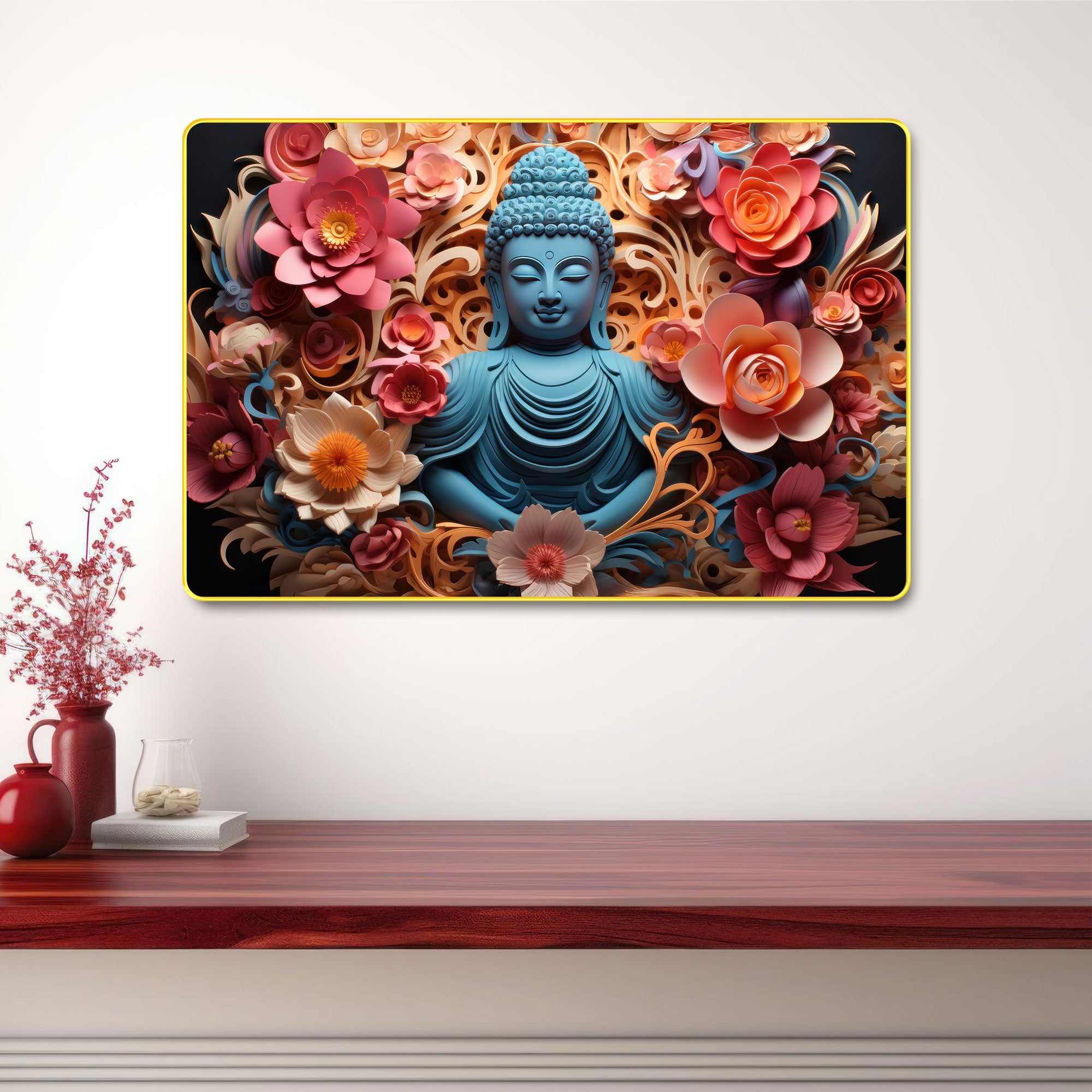 The Castle Decor Lord Buddha Wall Art Painting with Wooden Frame | Vastu Spiritual Meditation Décor for Living Room, Bedroom, Office & Hotel | Gift Option