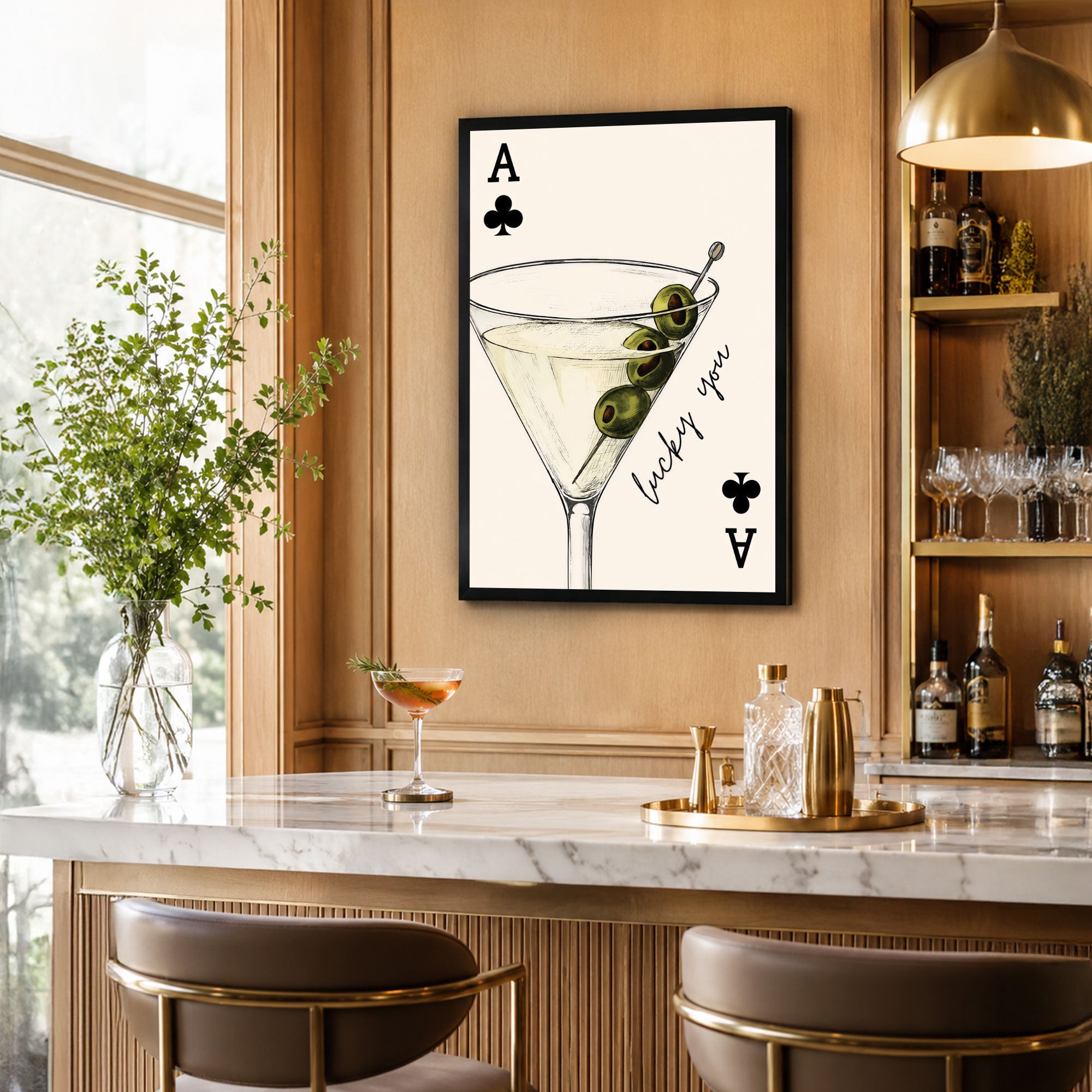 The Castle Decor Lucky You Martini Cocktail Wall Art Poster | Ace Card Inspired Bar Decor for Lounge, Cafe, Pub & Home Bar