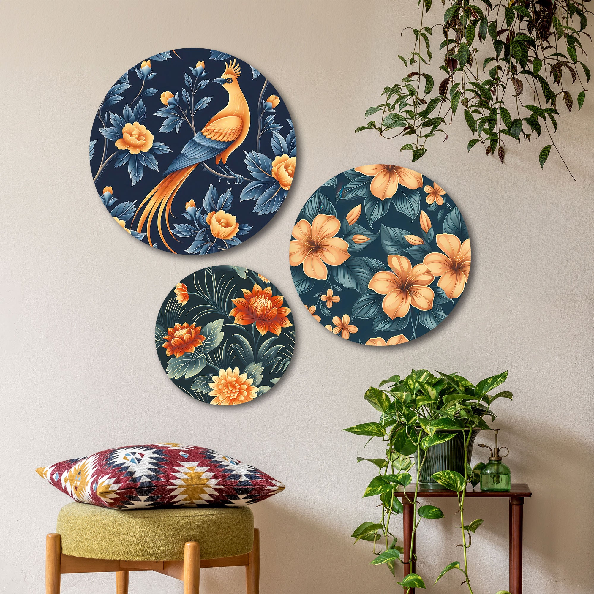 The Castle Decor Floral Bird Wall Plates | Set of 3 Decorative Multi-Color MDF Plates with Exotic Bird & Flower Designs | Modern Wall Art for Living Room, Bedroom & Home Decor