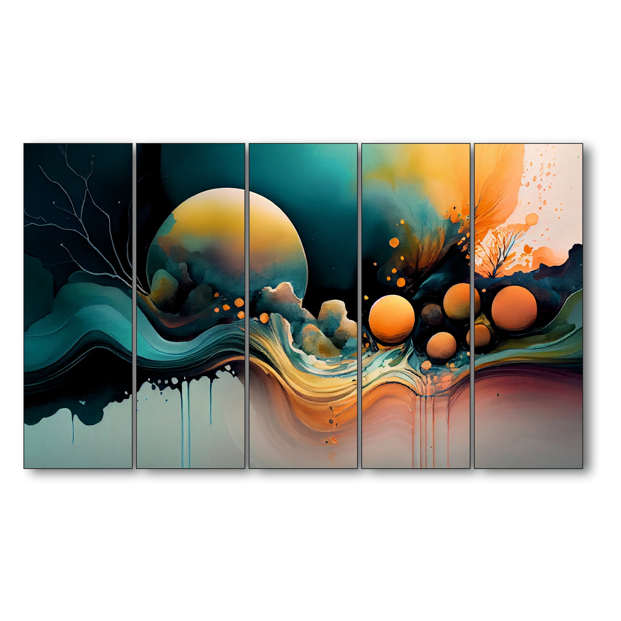 Beautiful Multicolour Abstarct Art Set of 5 Big Size Multiple Frames Wall Art Painting for living room,Bedroom,Drawing room,Hotels-Wooden Framed-Digital Painting