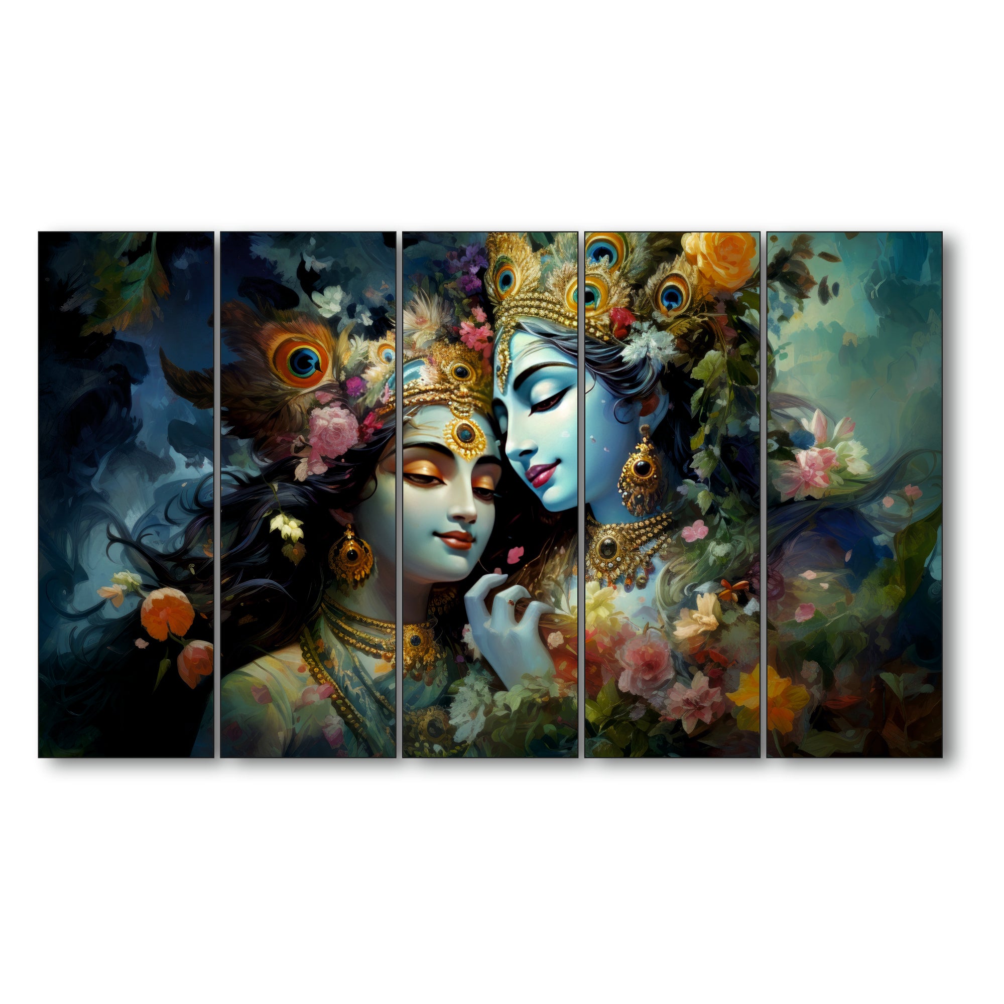 Radha krishana Set of 5 Big Size Multiple Frames Wall Art Painting for living room,Bedroom,Drawing room,Hotels-Wooden Framed-Digital Painting