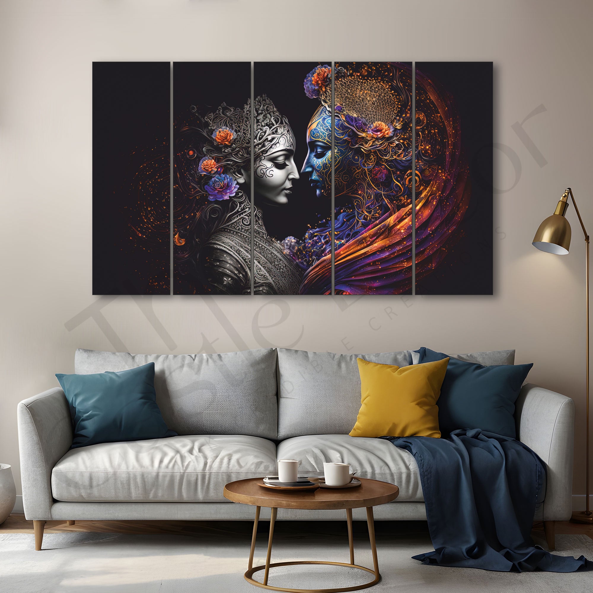 Radha-krishan eternal love Set of 5 Big Size Multiple Frames Wall Art Painting for living room,Bedroom,Drawing room,Hotels-Wooden Framed-Digital Painting 27x48"