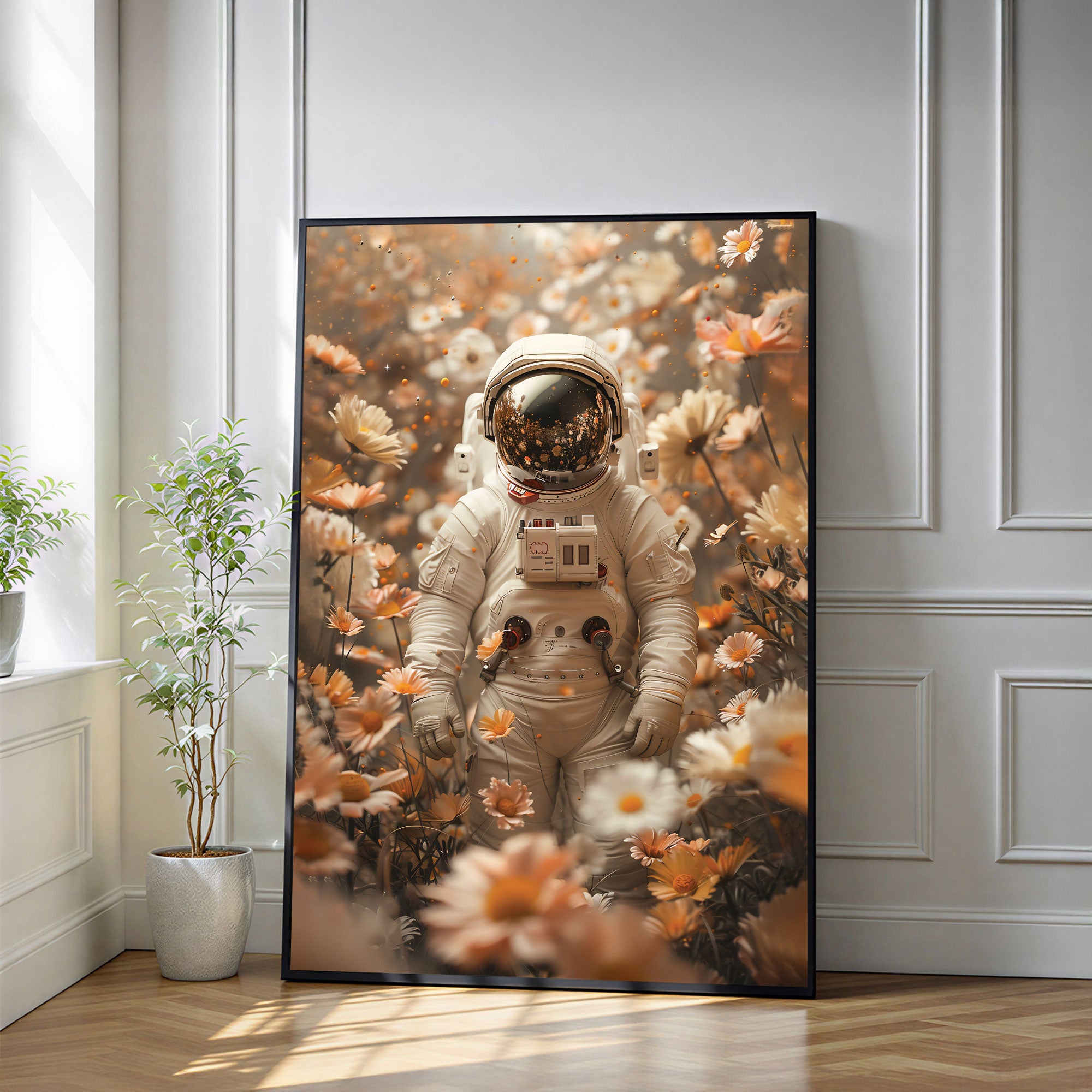 The Castle Decor Astronaut Floral Wall Art Poster, Surreal Space and Nature Artwork with Luxury Sparkle Finish, 20×30 Inch Wall Décor for Bedroom & Living Room