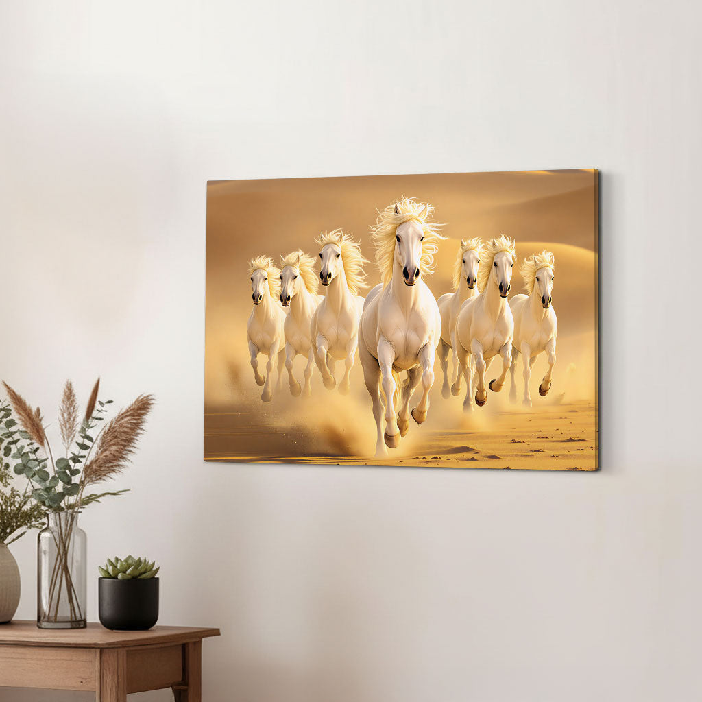 The Castle Decor 7 Running White Horses Wall Painting, Sunrise Sunset Theme, Vastu Wall Art for Living Room, Office, Bedroom Decor 16x24 1004