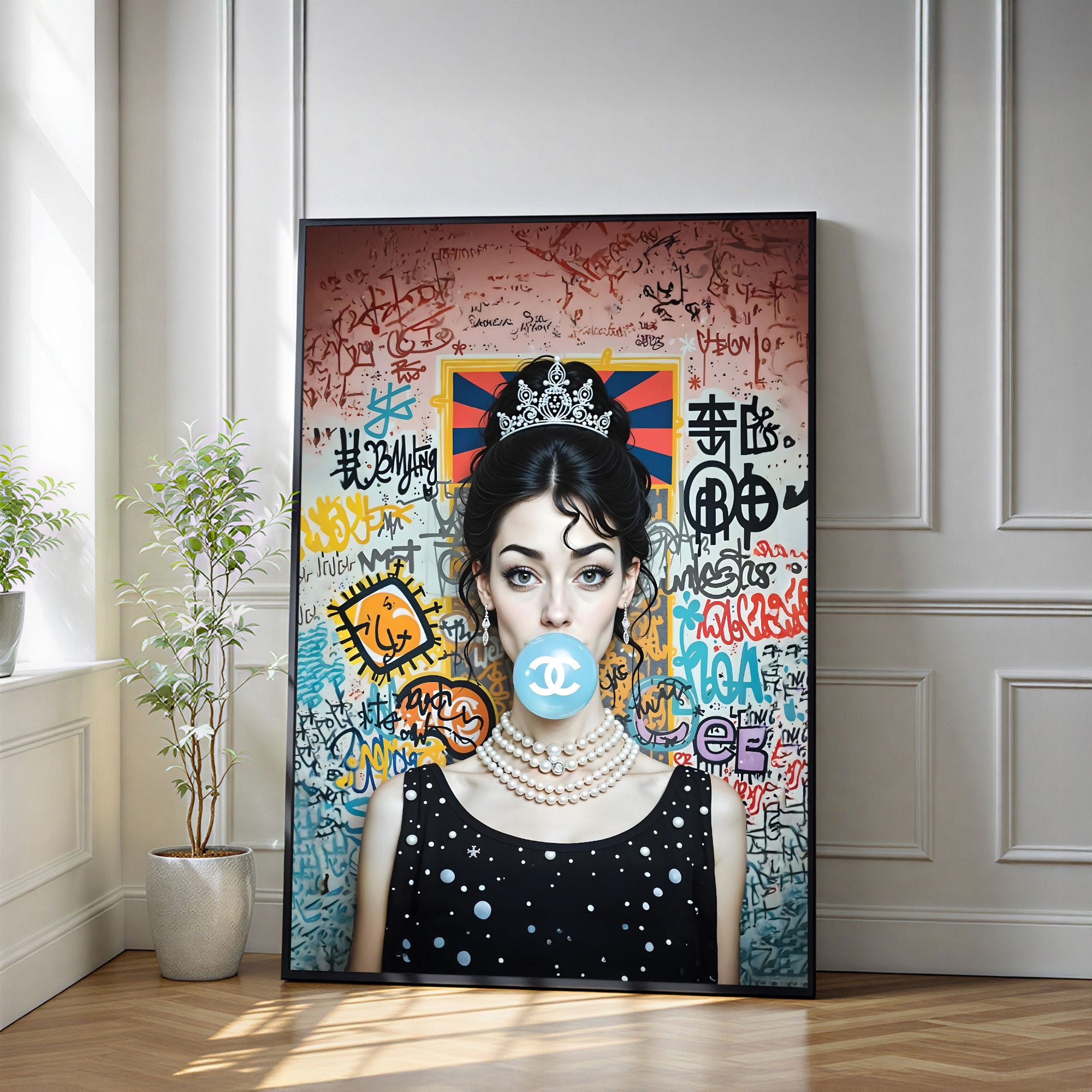 The Castle Decor Luxury Pop Art Queen Portrait Wall Art, Graffiti Fashion Bubblegum Style Artwork with Premium Sparkle Finish, 20×30 Inch Wall Décor for Bedroom