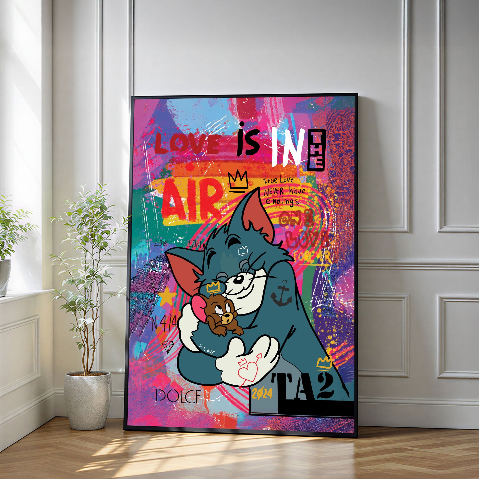 The Castle Decor Tom and Jerry Street Art Wall Painting, Cartoon Graffiti Love Artwork with Premium Sparkle Finish, 20×30 Inch Wall Décor for Kids Room & Studio