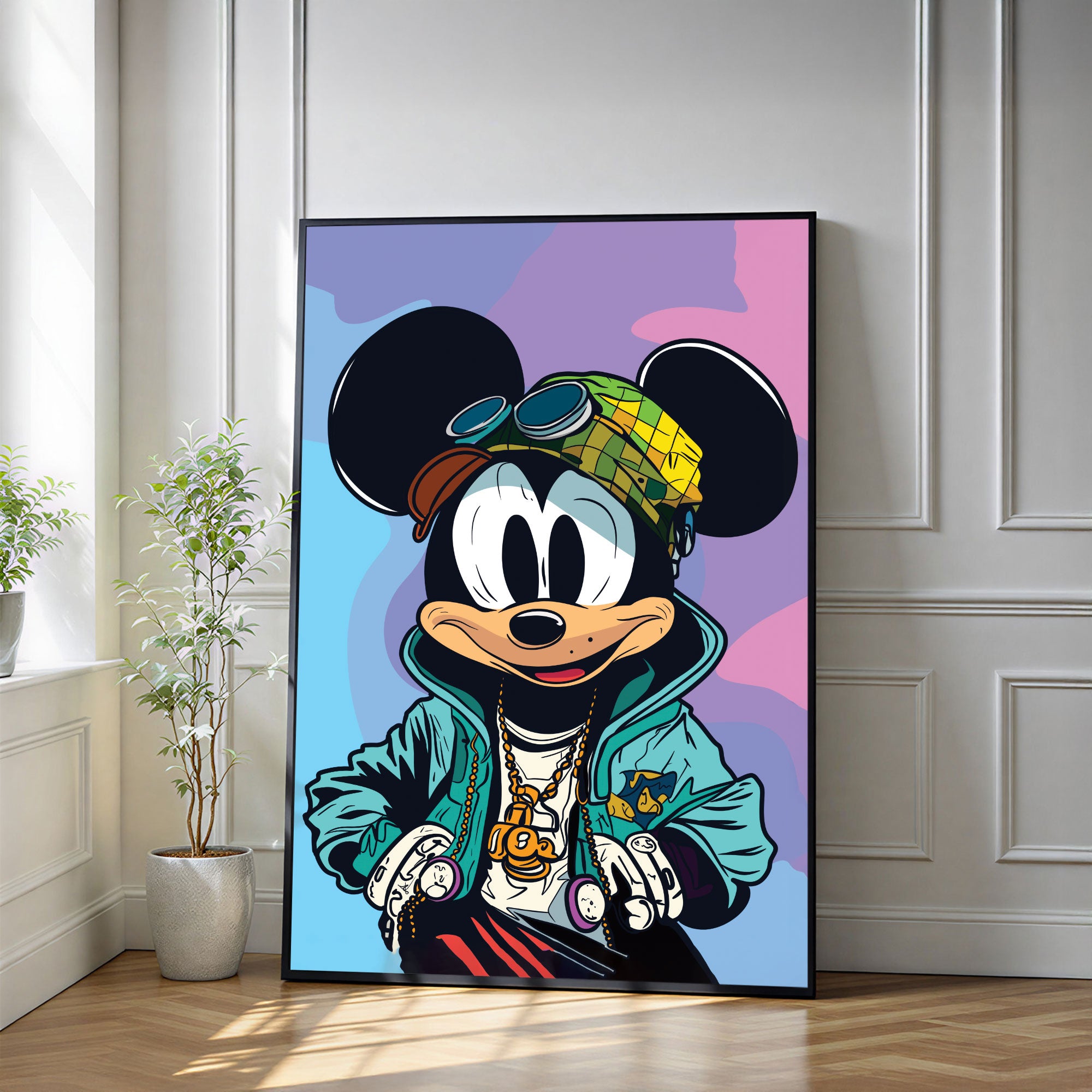 The Castle Decor Luxury Cartoon Street Style Wall Art – Urban Pop Art Character with Gold Chain & Hip Hop Vibe, Premium Sparkle Finish, 20×30 Inch Man Cave Décor