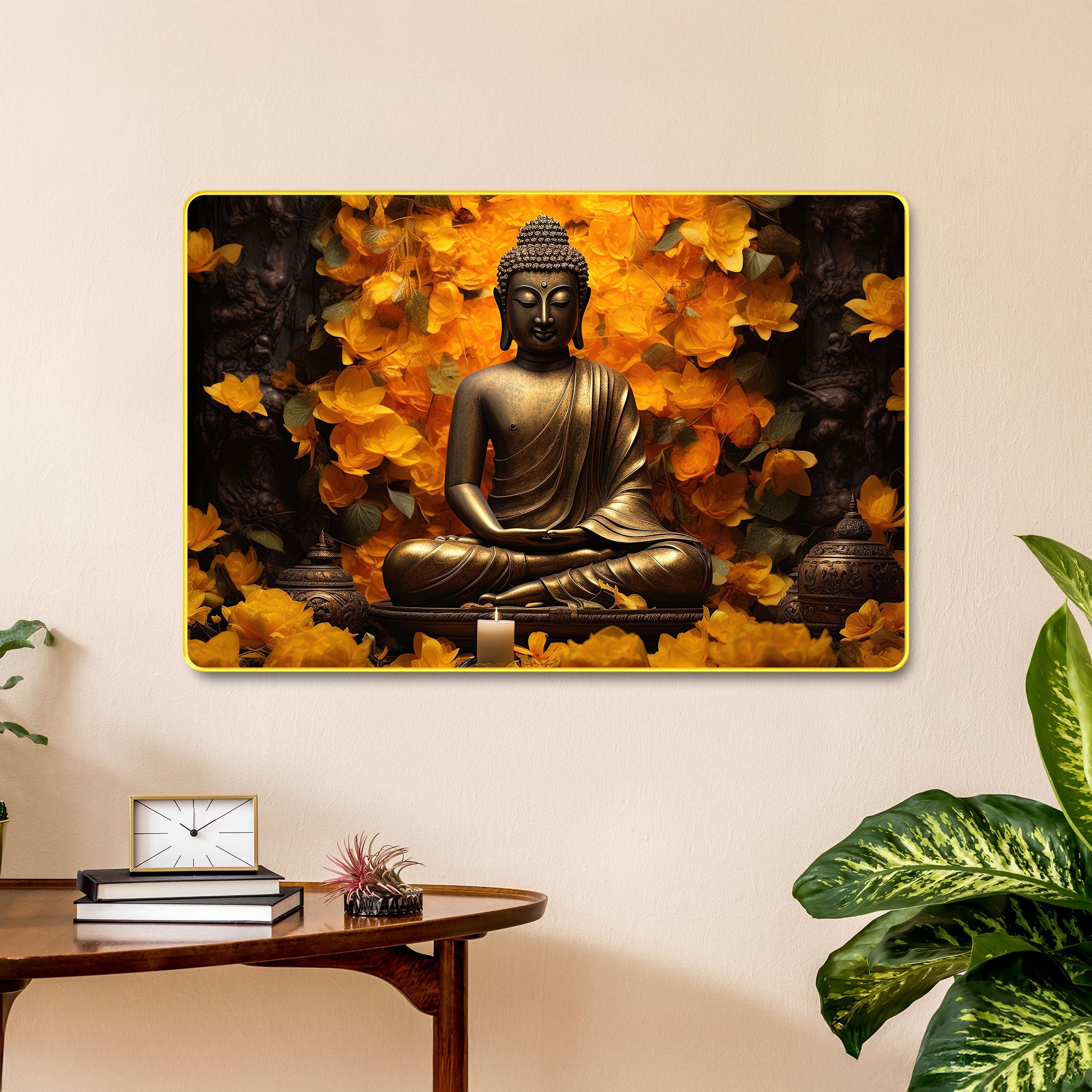 The Castle Decor Lord Buddha Wall Art Painting with Wooden Frame | Vastu Spiritual Meditation Décor for Living Room, Bedroom, Office & Hotel | Gift Option