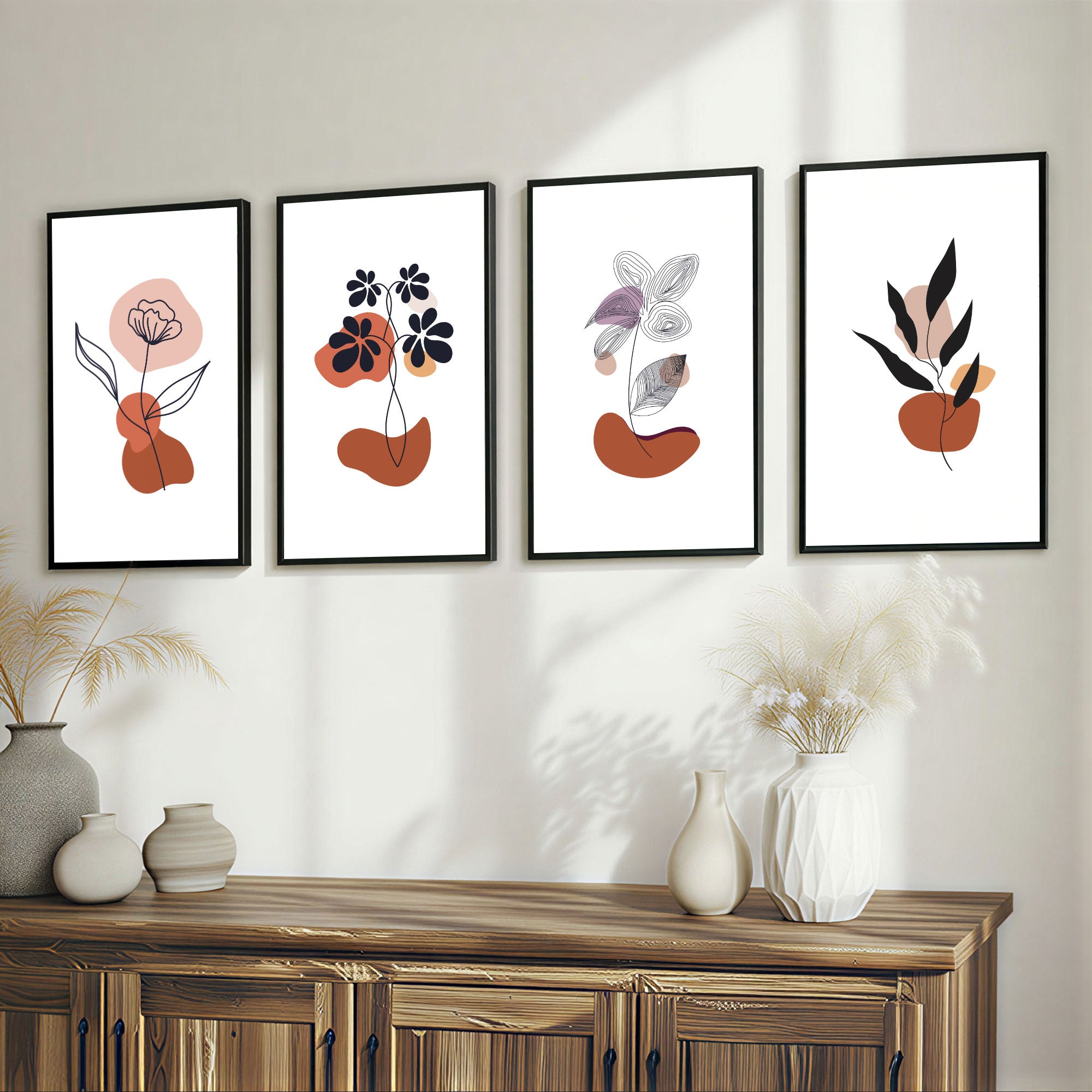 The Castle Decor Boho Wall Art for Living Room Big Size | Framed Abstract Botanical Paintings for Living Room & Bedroom | Modern Home Decoration & Perfect Gifting Option | Set of 4 (11×17 Inch Each)4