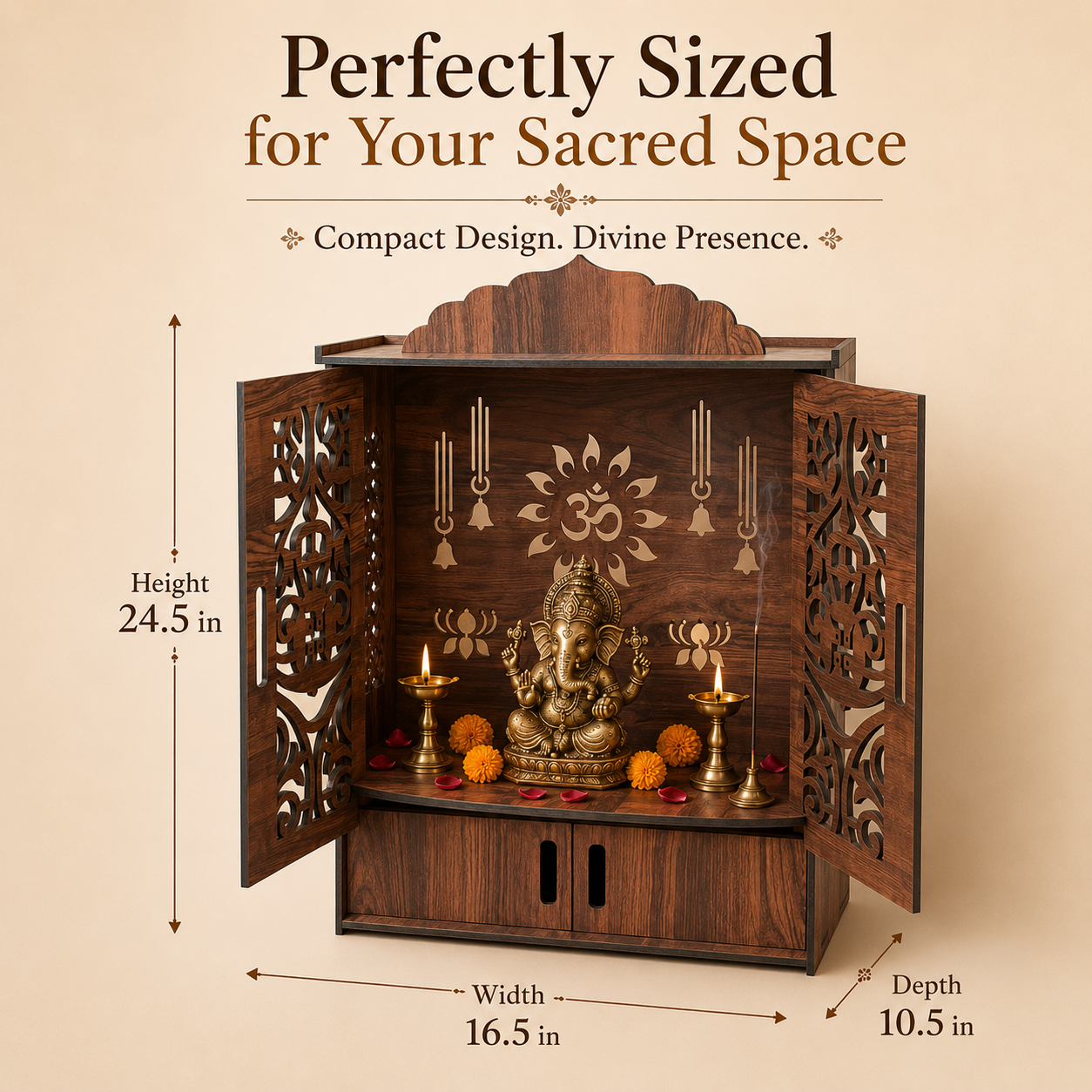 The Castle Decor Wooden Mandir for Home, Wall Hanging & Tabletop Pooja Temple with Double Doors, Om & Lotus Cutwork, Storage Cabinet, Dark Walnut MDF for Pooja Room, 16.5 x 24.5 x 10.5 Inch