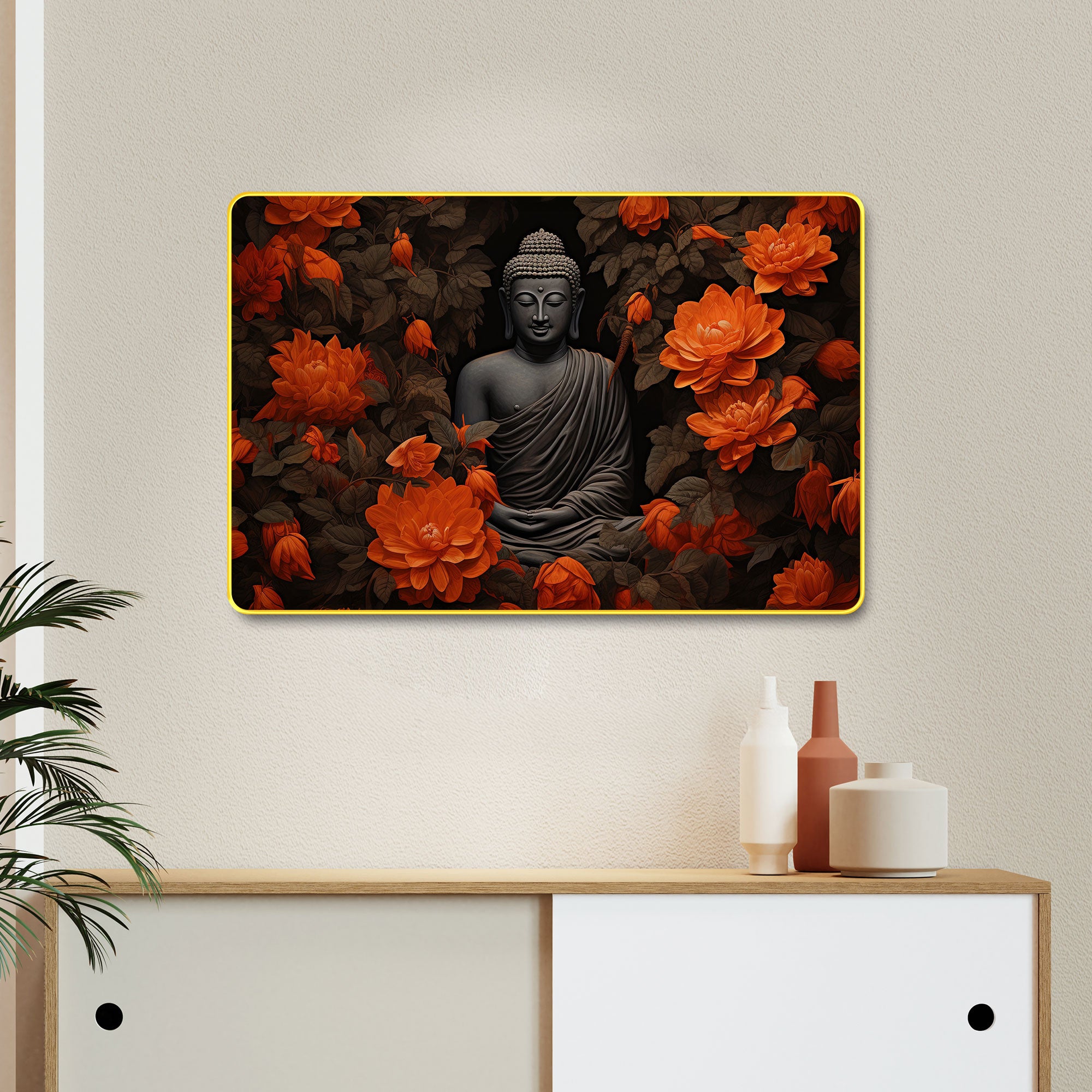 The Castle Decor Lord Buddha Wall Art Painting with Wooden Frame | Vastu Spiritual Meditation Décor for Living Room, Bedroom, Office & Hotel | Gift Option