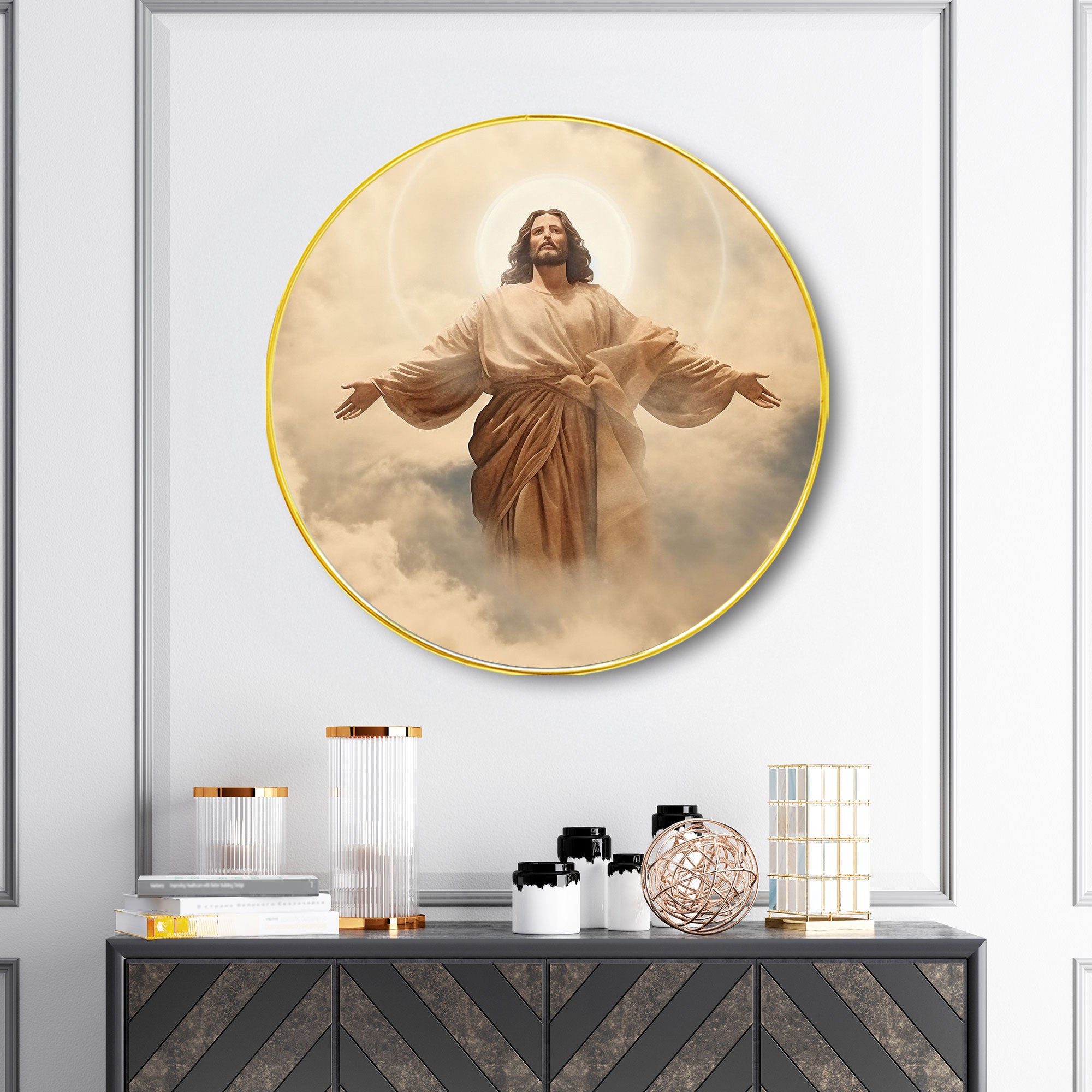 The Castle Decor Jesus Christ Wall Art Painting | Round Frame Religious Wall Hanging for Living Room, Bedroom, Hotel & Gift Décor