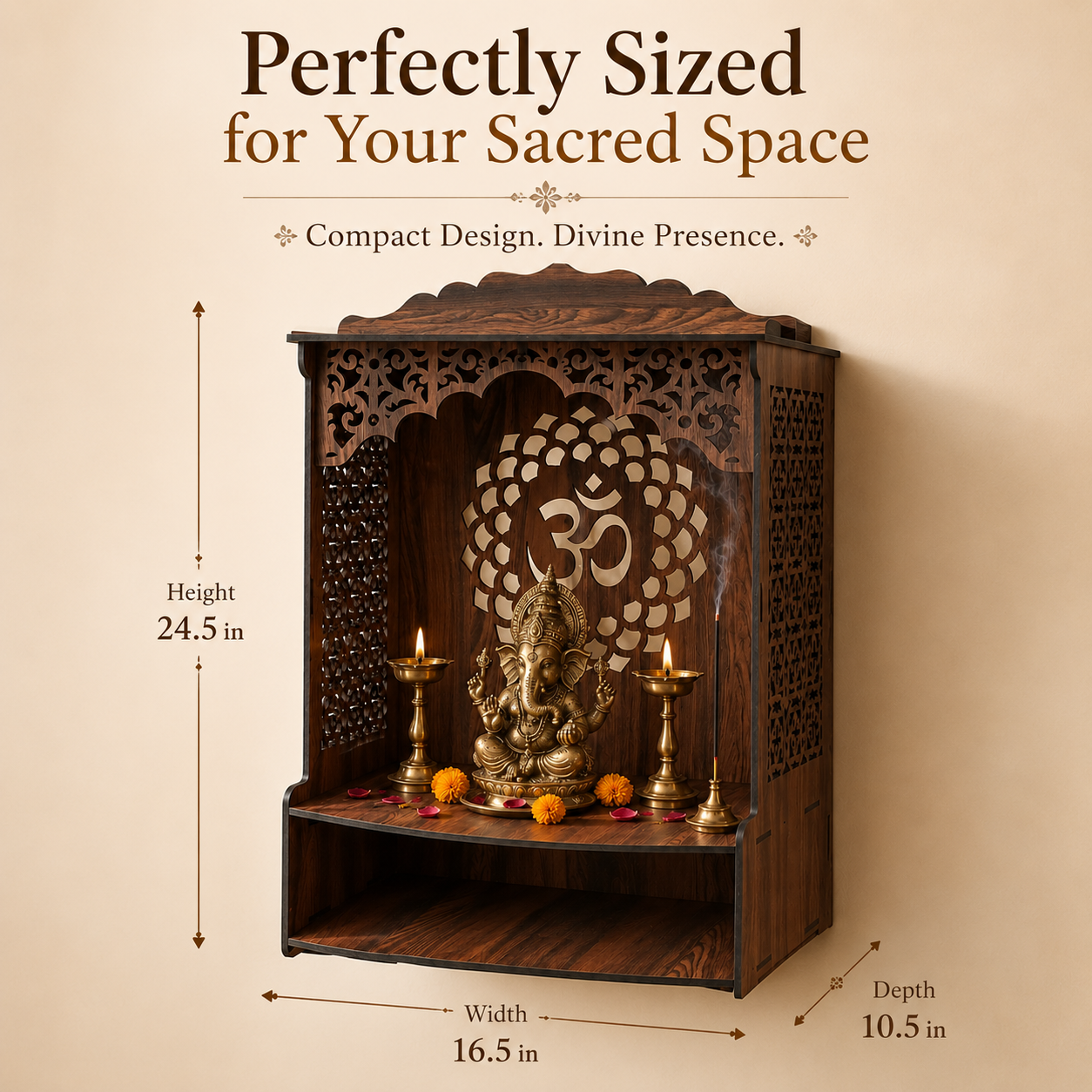 The Castle Decor Wooden Mandir for Home, Wall Hanging & Tabletop Pooja Temple with Om Cutwork Back Panel, Open Storage Shelf, Mandir for Pooja Room, Office, Hostel & Apartment, 16.5 x 24.5 x 10.5 Inch