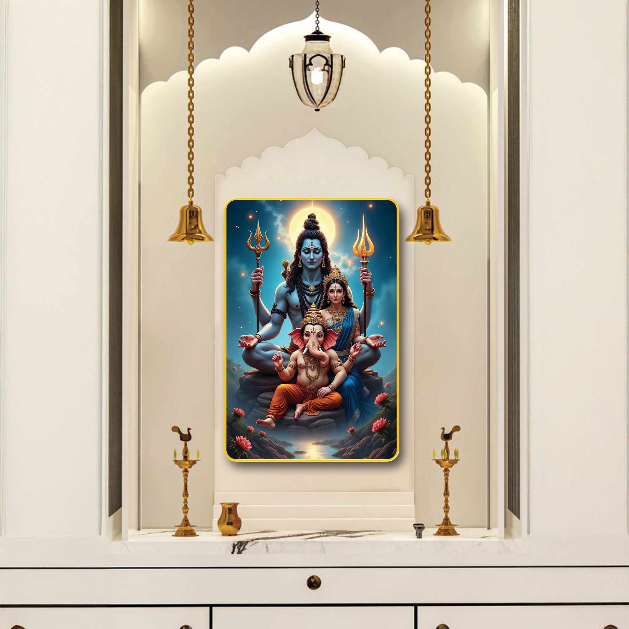 The Castle Decor Lord Shiva Family Wall Décor | Sparkle Laminated Digital Art in Golden Slim MDF Frame | Perfect for Temple, Home & Office 20X30 Inches