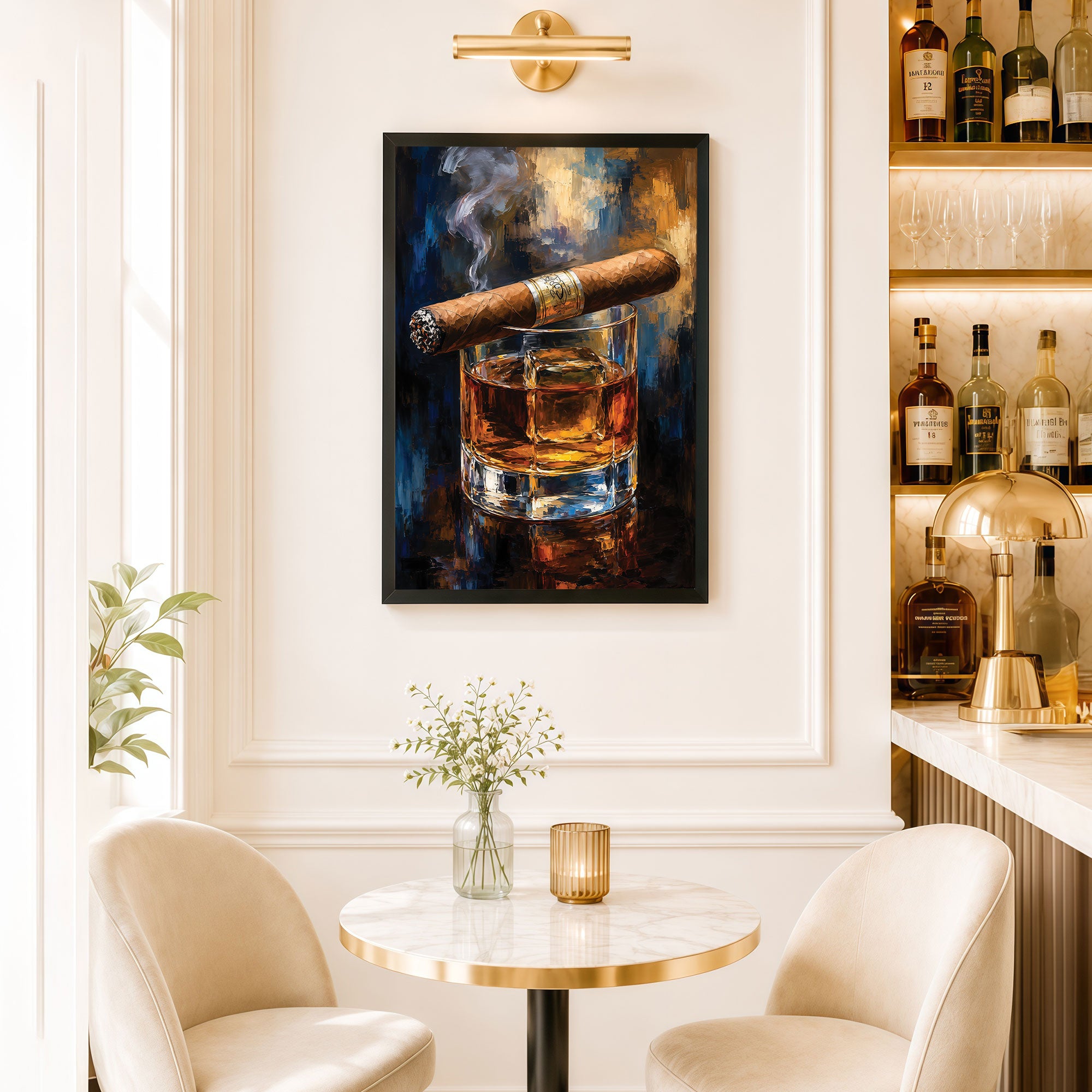 The Castle Decor Luxury Cigar & Whiskey Glass Wall Painting for Bar, Lounge, Man Cave, Pub Decor | Framed Wall Art for Home Bar
