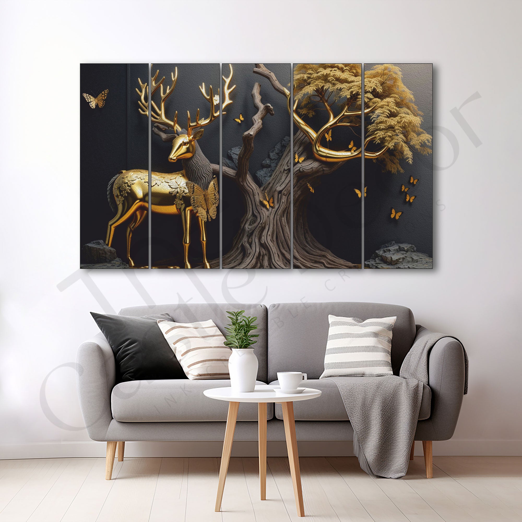 Golden Deer Painting Set of 5 for Home Decoration