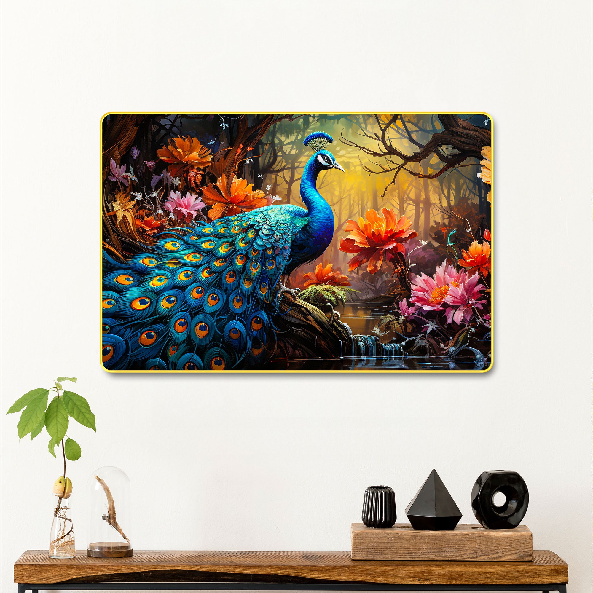 The Castle Decor Vastu Peacock Wall Painting with Wooden Frame | Colorful Nature Art for Positive Energy | Living Room, Bedroom, Hotel & Home Décor | Spiritual Gift Option