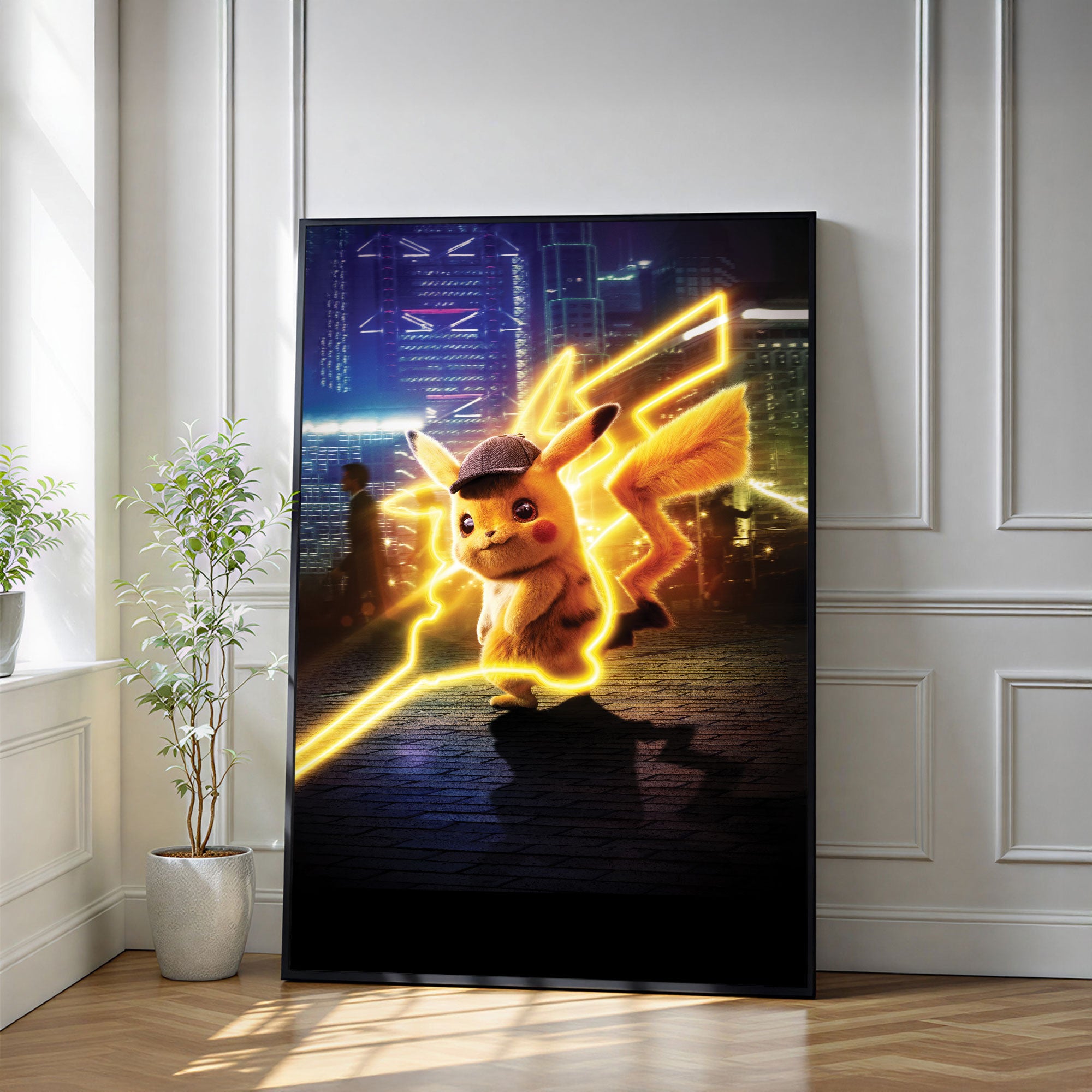 The Castle Decor Detective Pikachu Neon Wall Art, Anime Electric Pop Artwork with Premium Sparkle Finish, 20×30 Inch Wall Décor for Gaming Room & Kids Bedroom