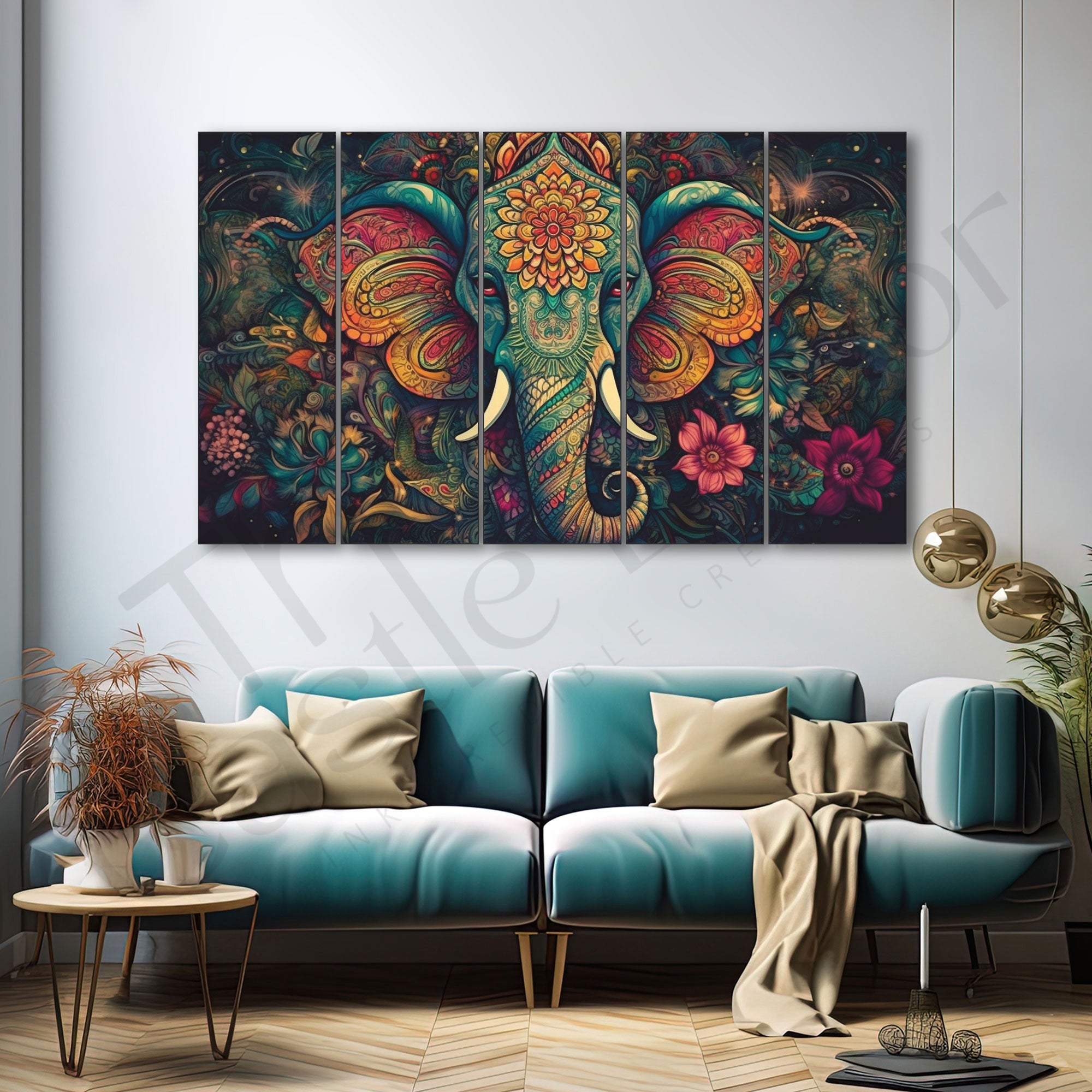 Gentle Majesty Elephant Head Floating Set of 5 Big Size Multiple Frames Wall Art Painting for living room,Bedroom,Drawing room,Hotels-Wooden Framed-Digital Painting 27x48"