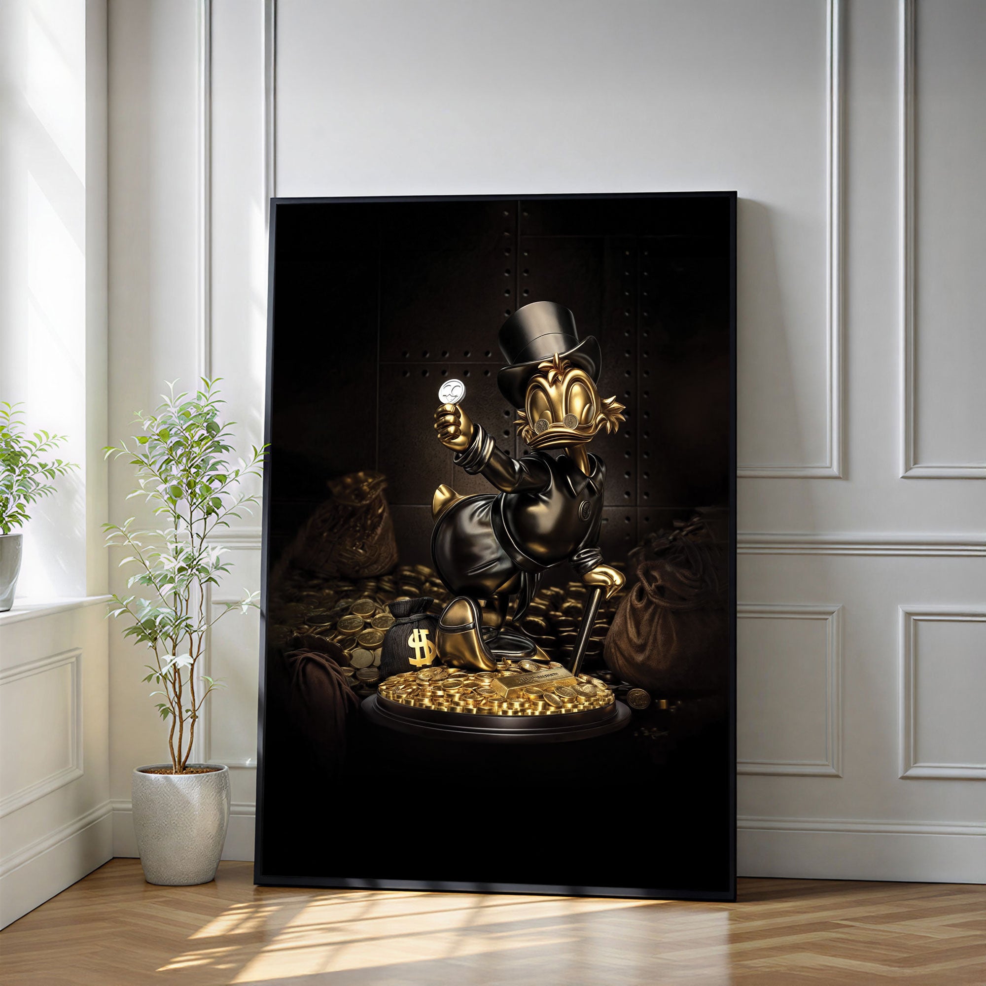The Castle Decor Golden Billionaire Duck Wall Art, Luxury Cartoon Wealth Abstract Artwork with Premium Sparkle Finish, 20×30 Inch Wall Décor for Office & Man Cave