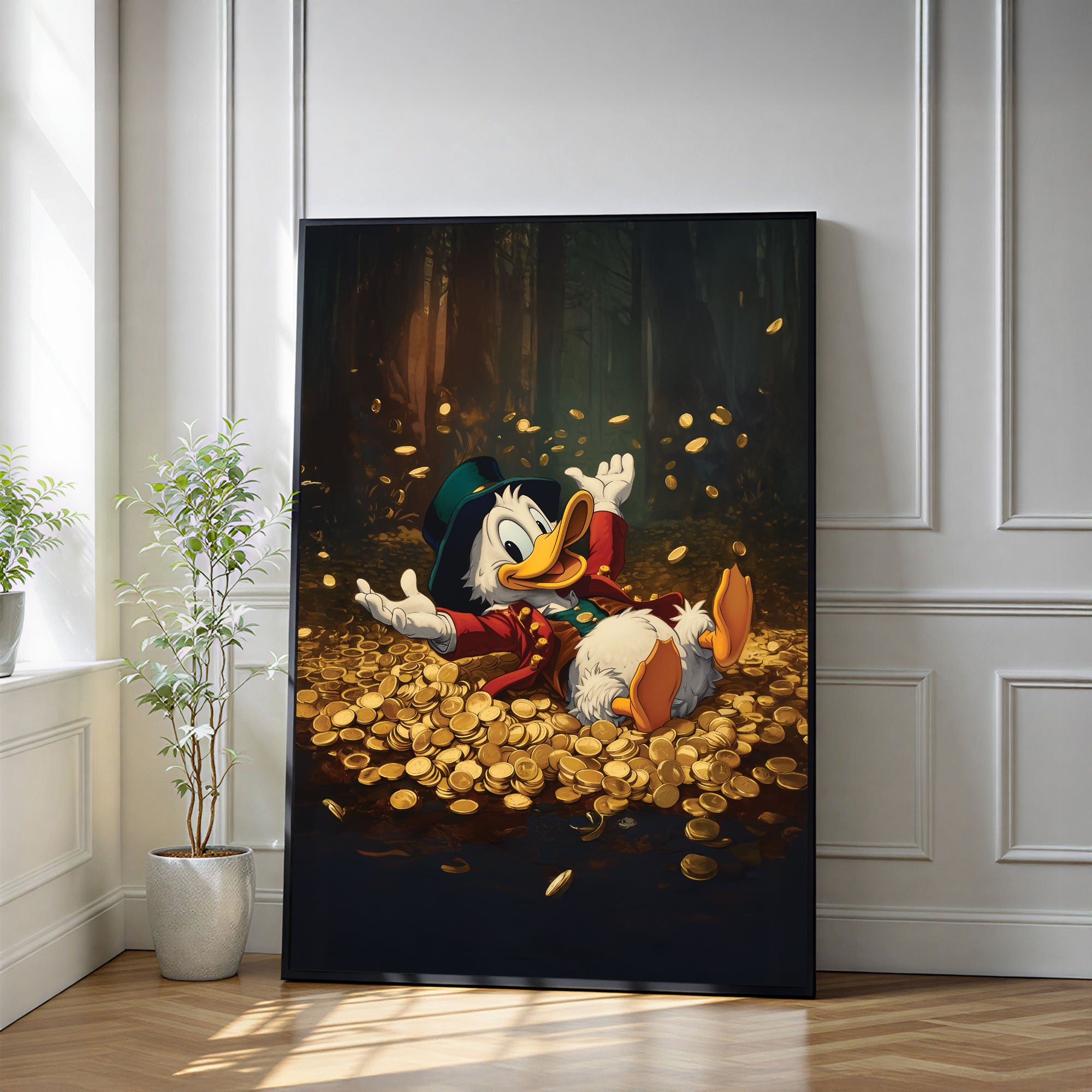 The Castle Decor Cartoon Millionaire Duck Wall Art, Gold Coin Celebration Fantasy Artwork with Premium Sparkle Finish, 20×30 Inch Wall Décor for Kids Room