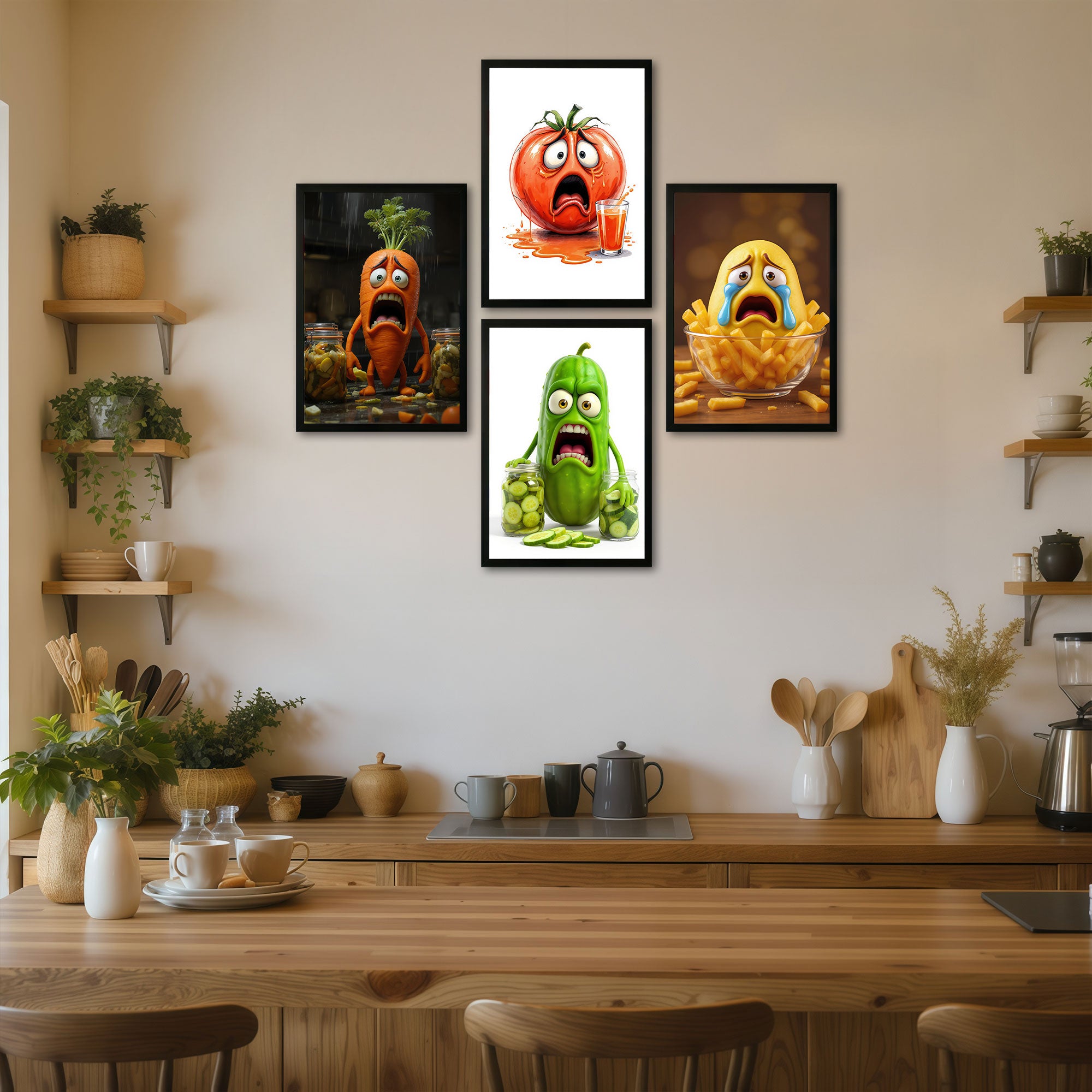 The Castle Decor Funny Kitchen Wall Art Set of 4 Frame | Cartoon Food Characters Decor | Sparkle Lamination Finish with Premium Fiber Frame for Kitchen & Café