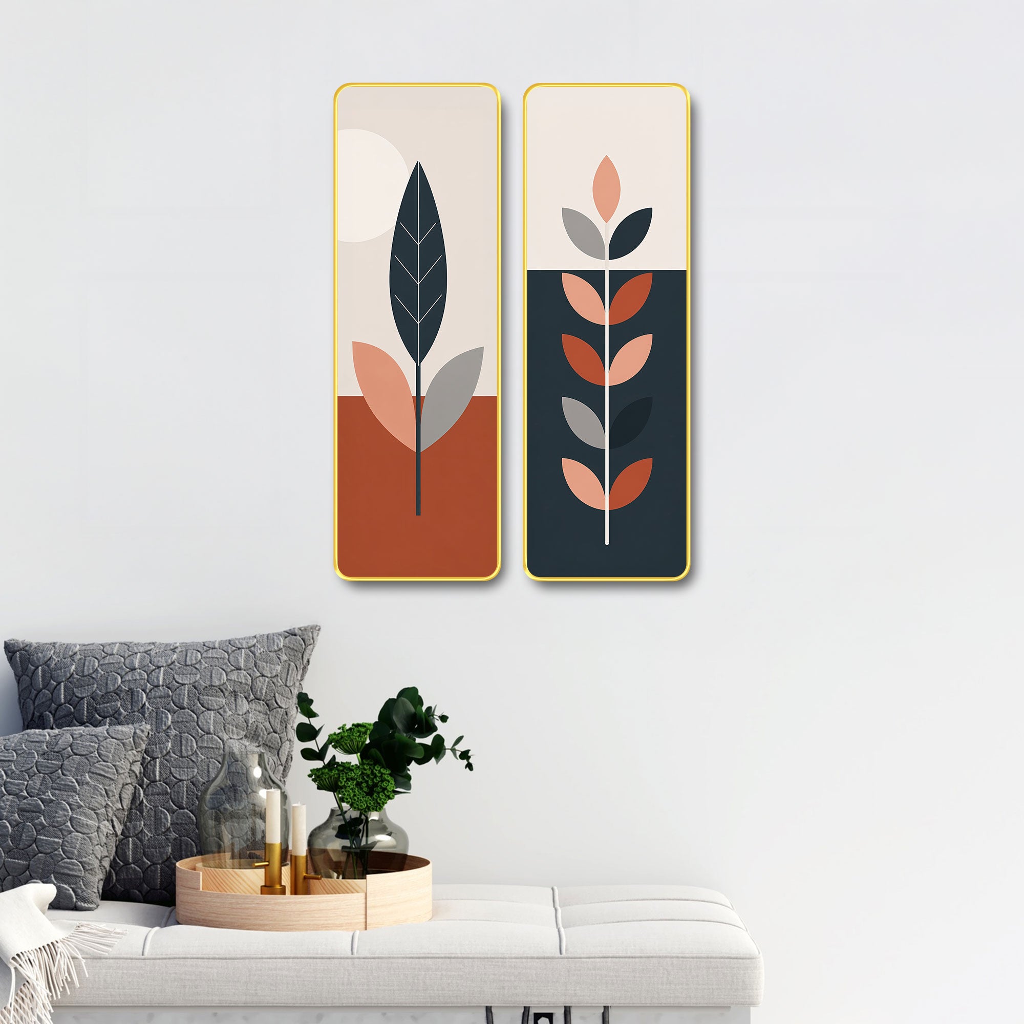 The Castle Decor Modern Boho Wall Art Set of 2 for Living Room | Minimalist Botanical Leaf Painting | Abstract Nordic Wall Decor for Bedroom Office Hallway Home Decoration