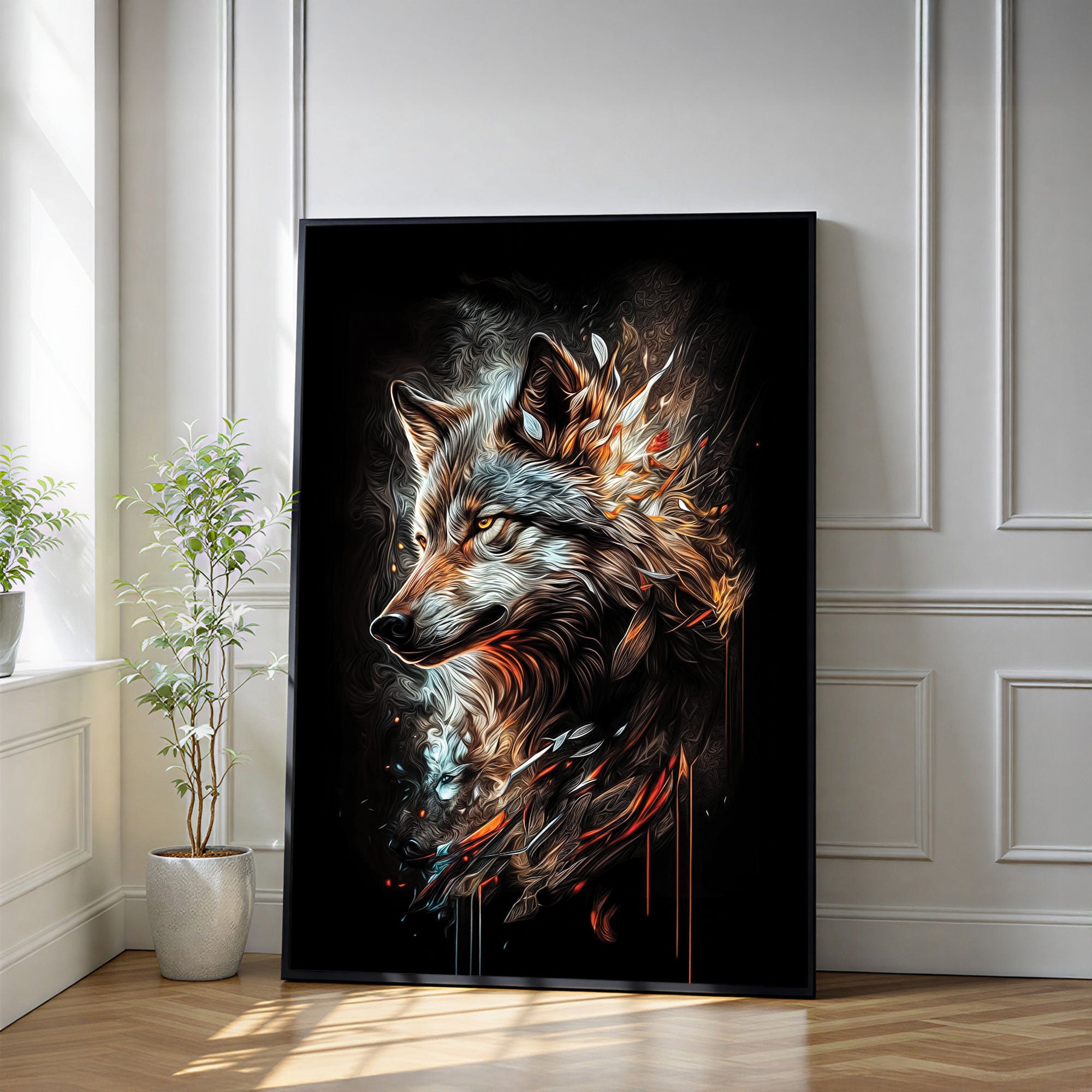 The Castle Decor Wolf Fire Spirit Wall Art, Powerful Wildlife Abstract Artwork with Premium Sparkle Finish, 20×30 Inch Wall Décor for Bedroom & Office