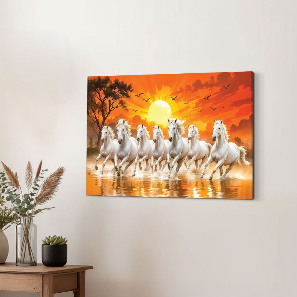 The Castle Decor 7 Running White Horses Wall Painting, Sunrise Sunset Theme, Vastu Wall Art for Living Room, Office, Bedroom Decor 16x24 1001