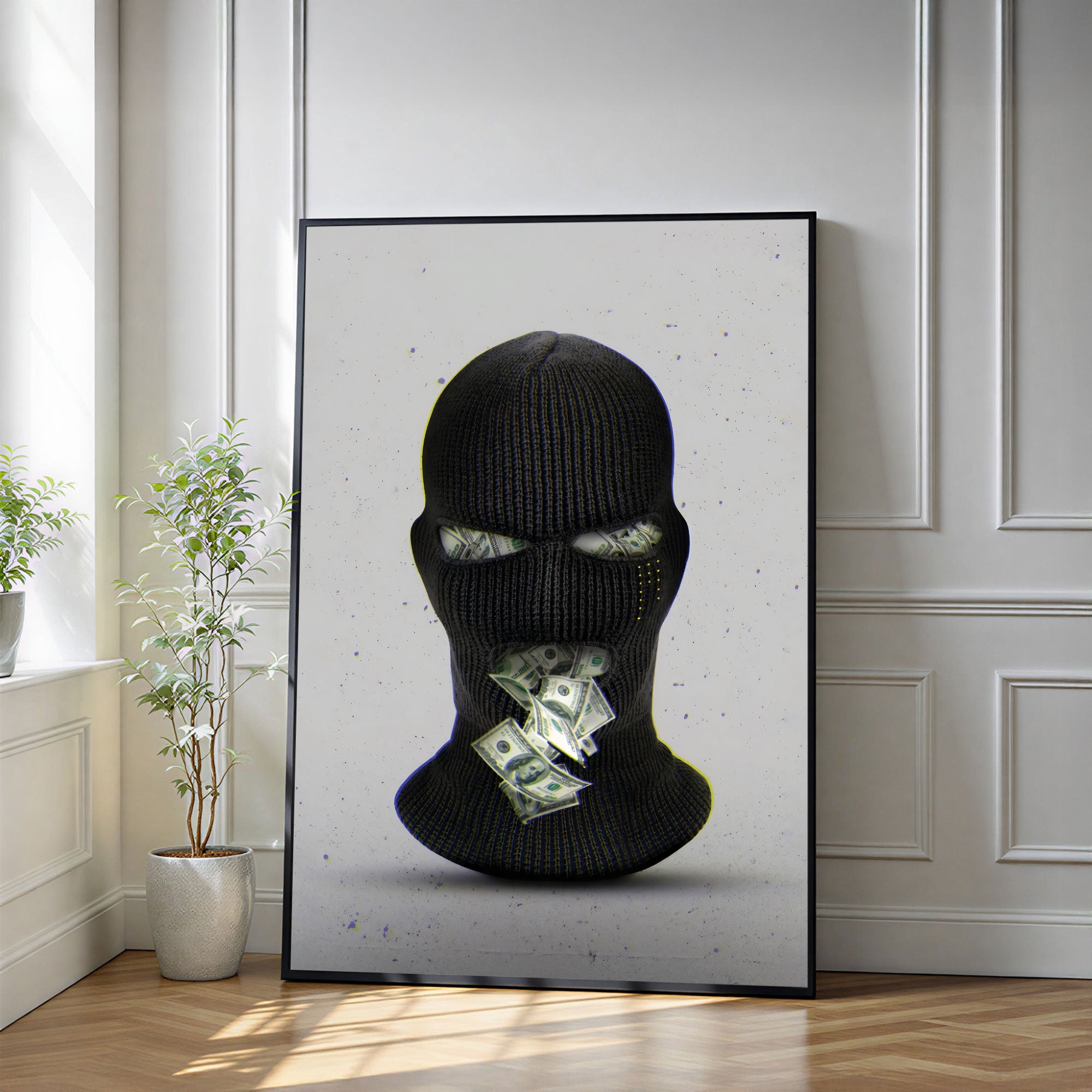 The Castle Decor Money Mask Wall Art – Abstract Cash Face Street Art, Modern Sparkle Finish Wall Décor, 20×30 Inch for Living Room, Bedroom & Office