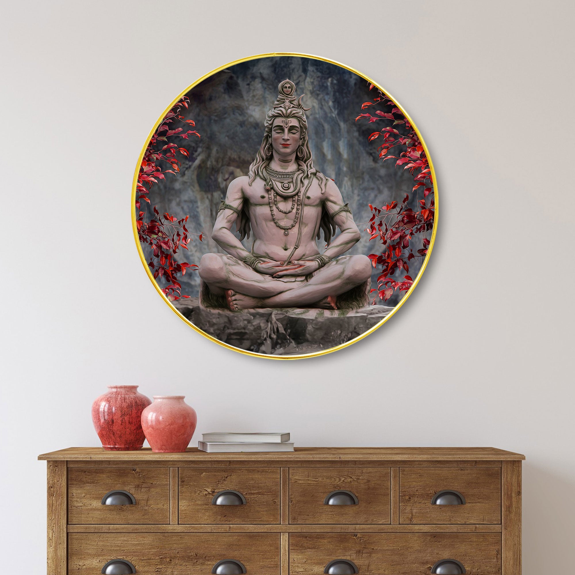 The Castle Decor Lord Shiva Meditation Wall Art | Round Frame  Painting for Spiritual Home Decoration, Office, Living Room & Gift Purpose